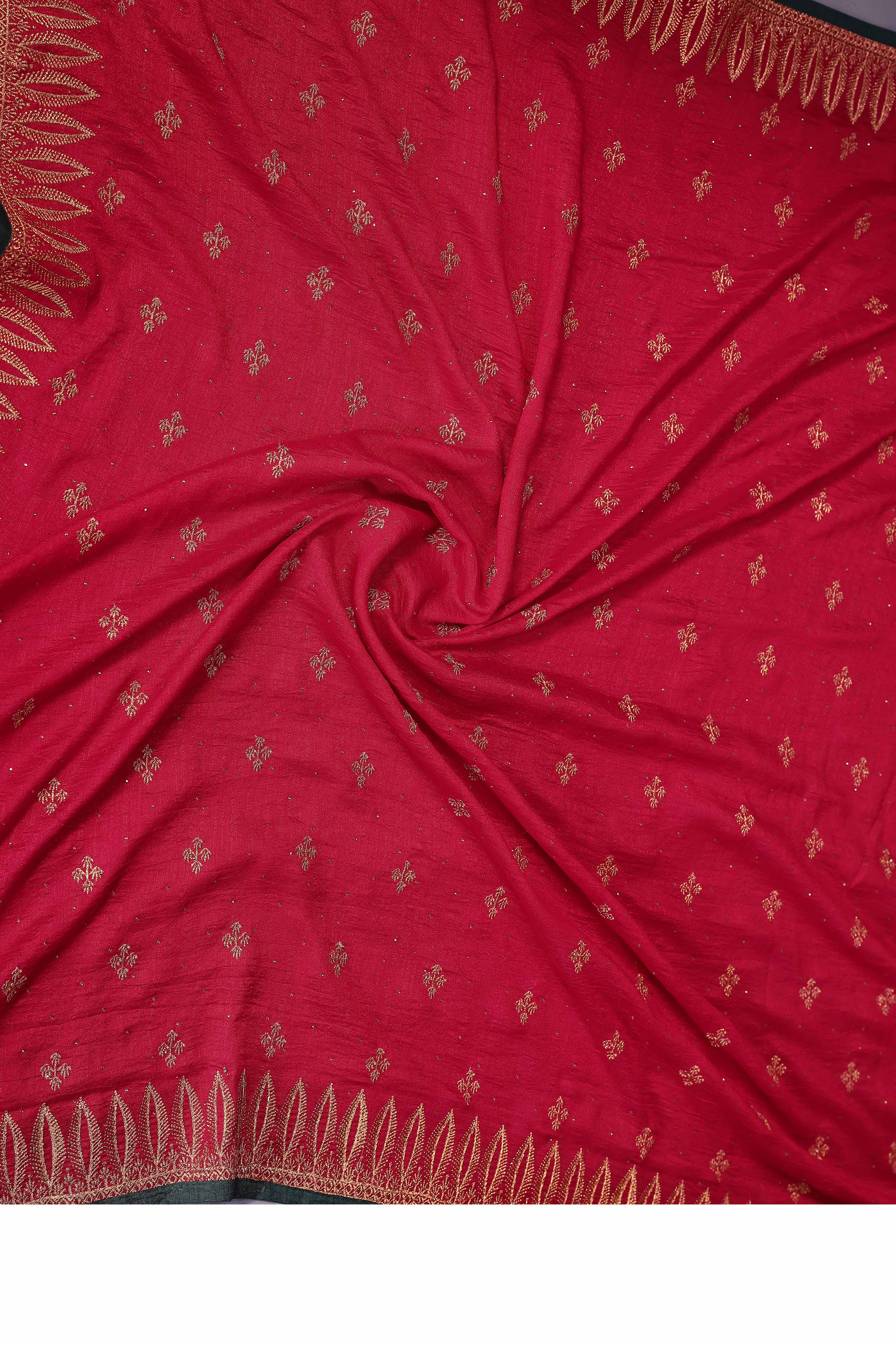 Crimson Red Designer Vichitra Silk Saree Enhanced with Delicate Thread Work Embroidery