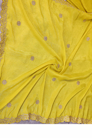 Yellow Designer Crunchy Saree Enhanced with Delicate Thread Work Embroidery
