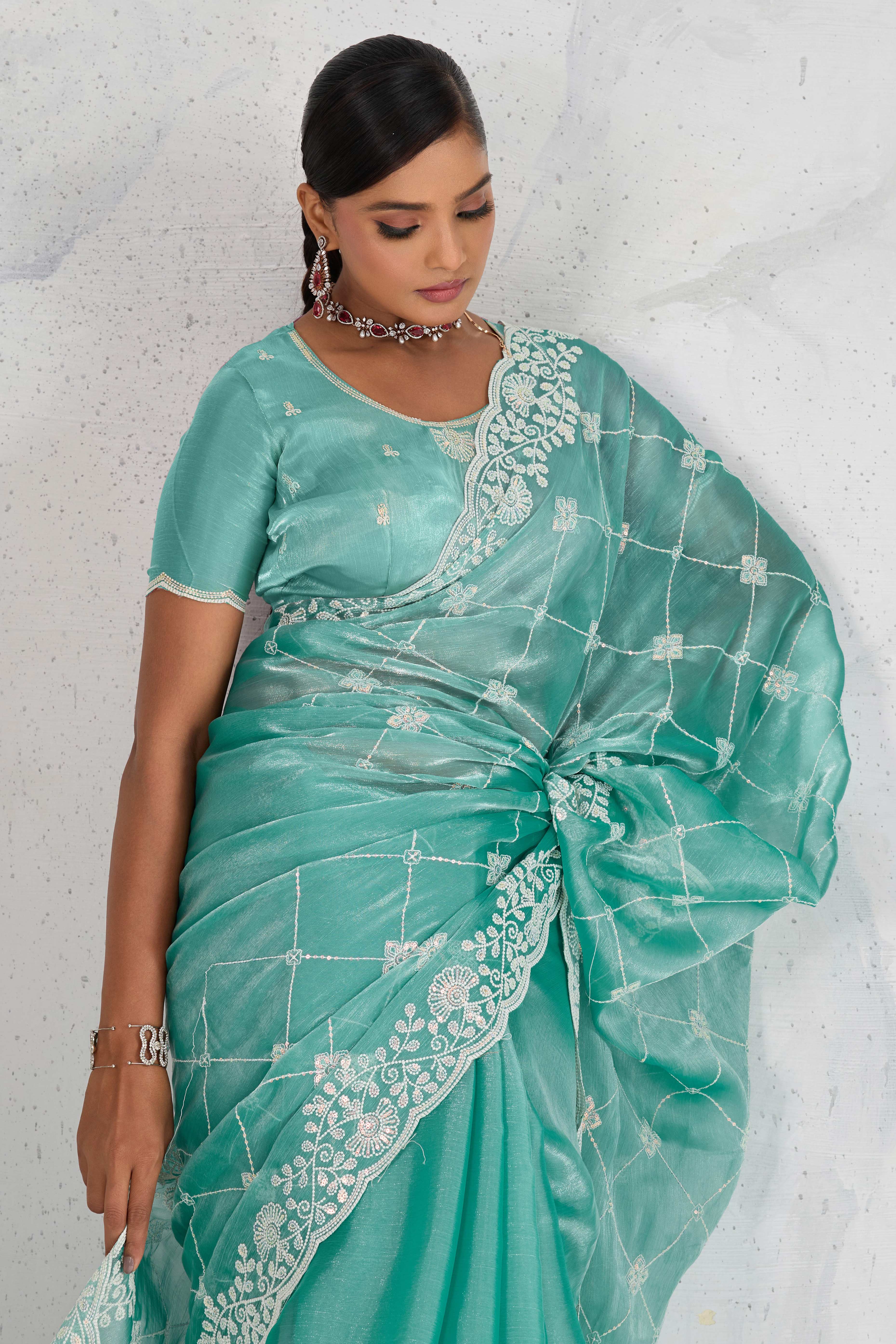 Turquoise Silk Saree with Dazzling Sequin Embroidery