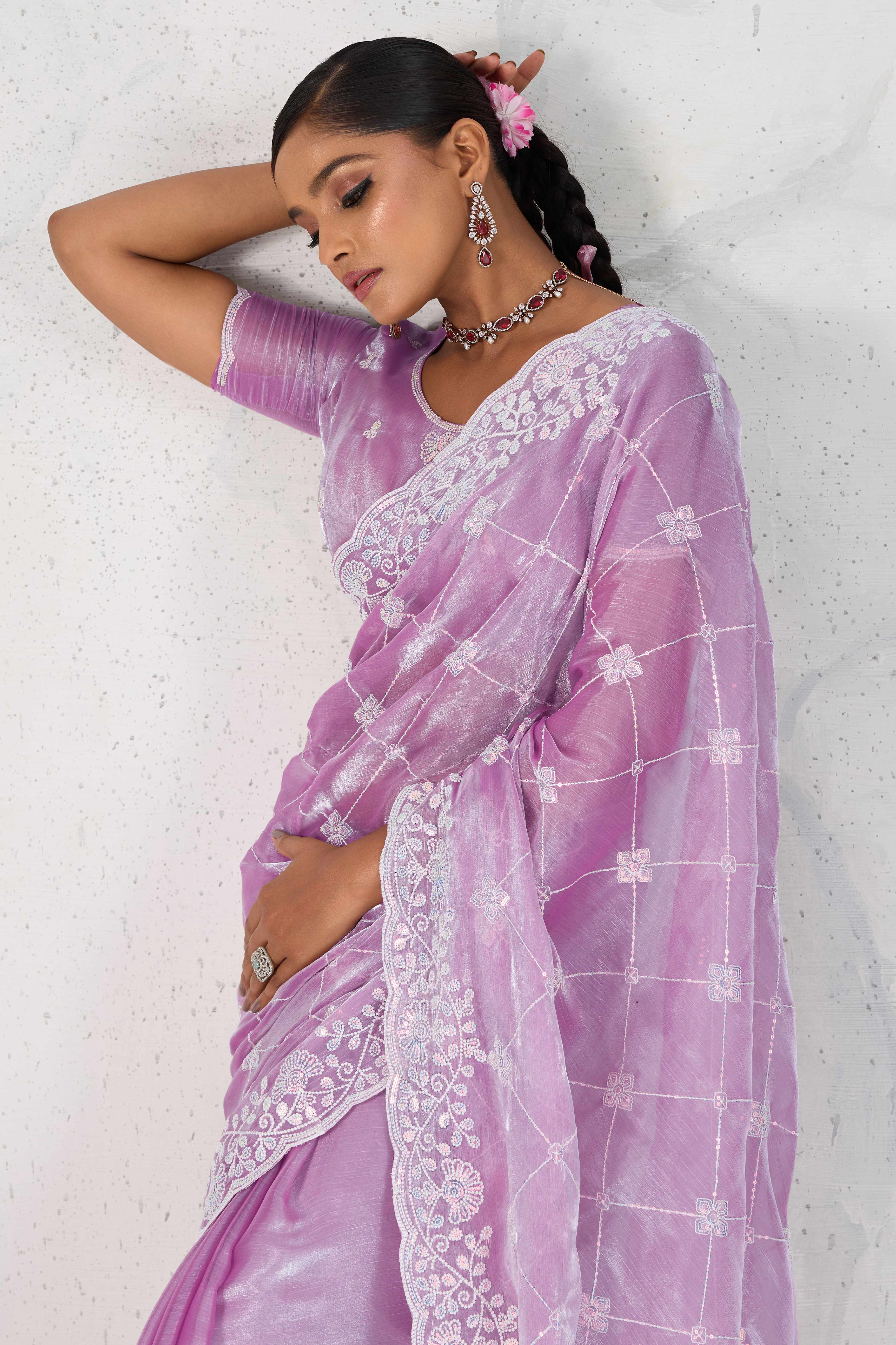 Purple Silk Saree with Dazzling Sequin Embroidery