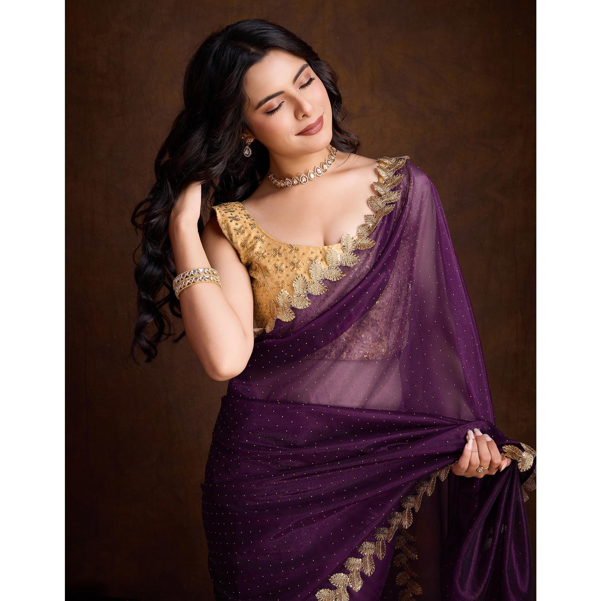 Wine Swarovski Work Shimmer Net Saree