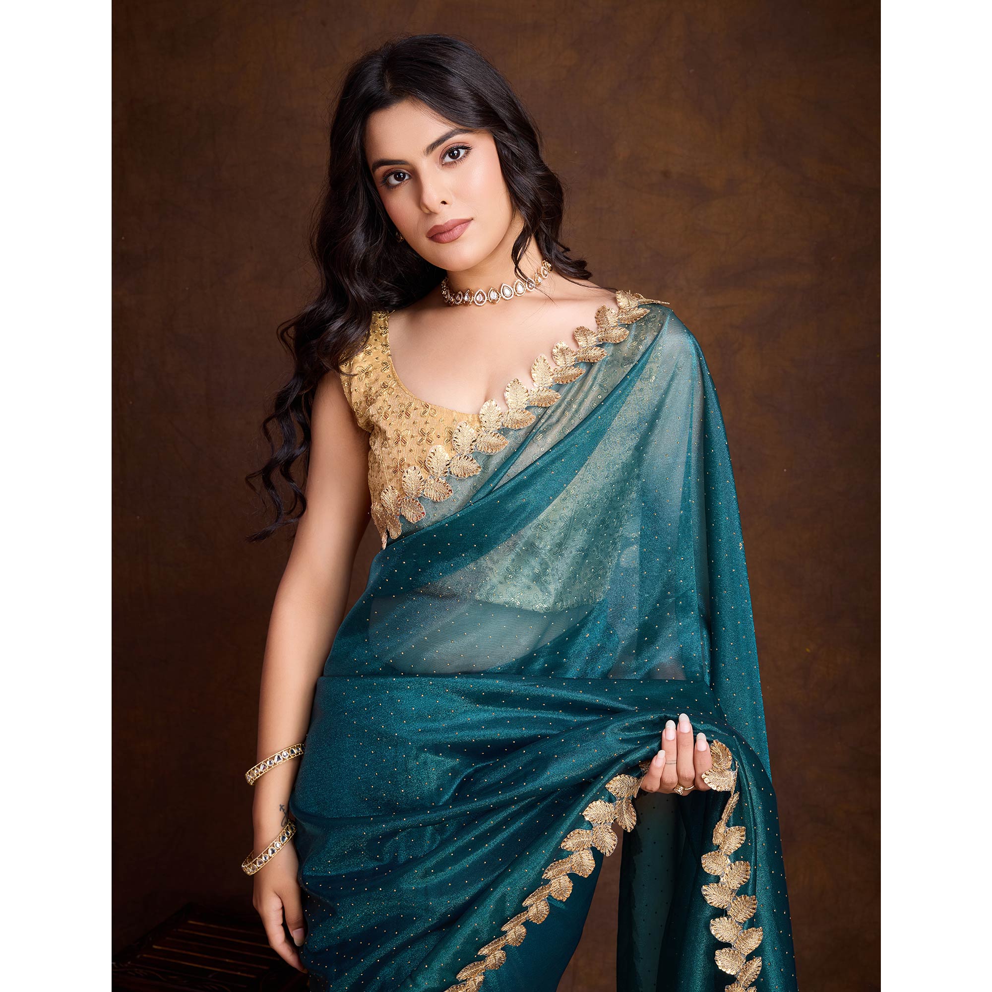 Morpich Blue Swarovski Work Shimmer Net Saree