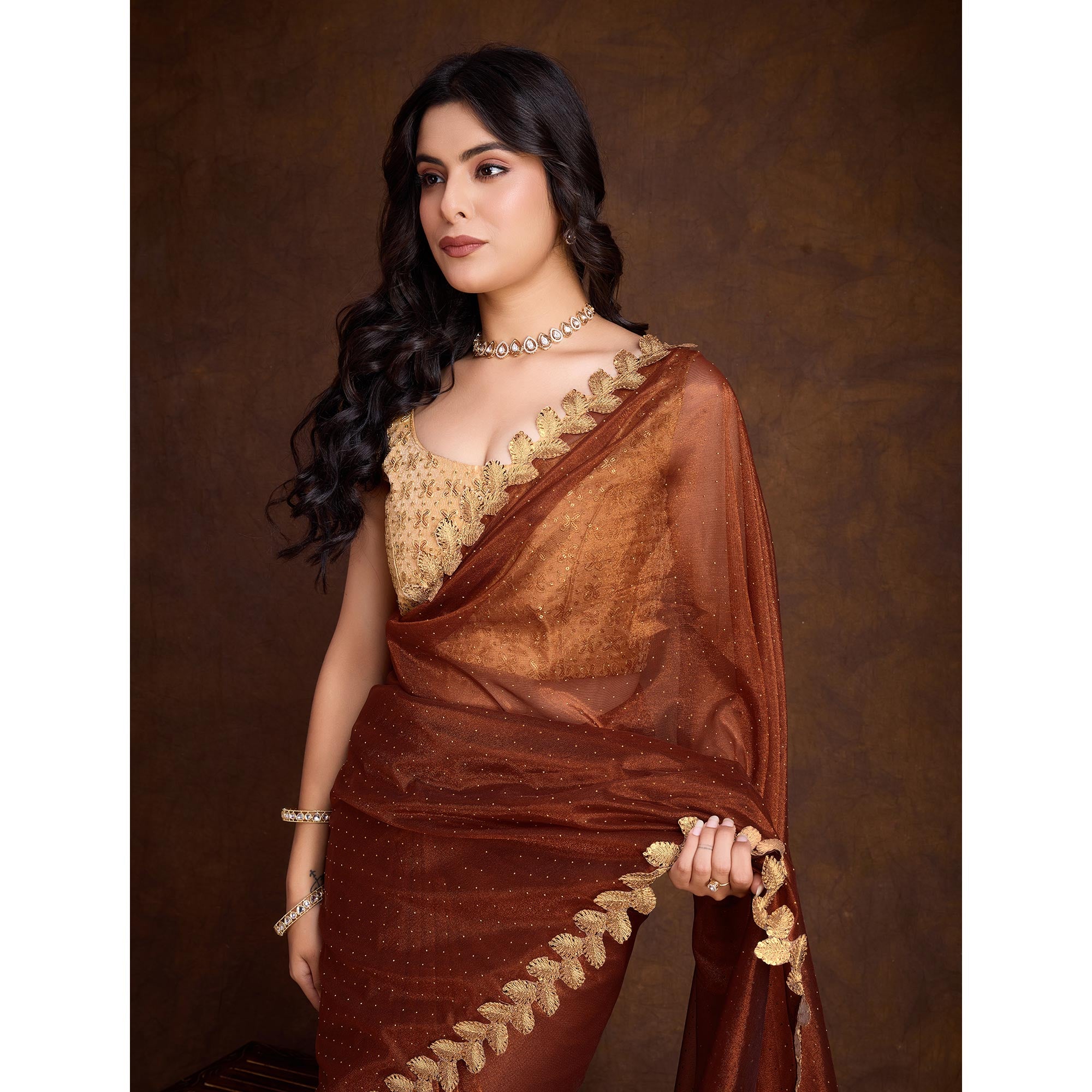 Brown Swarovski Work Shimmer Net Saree