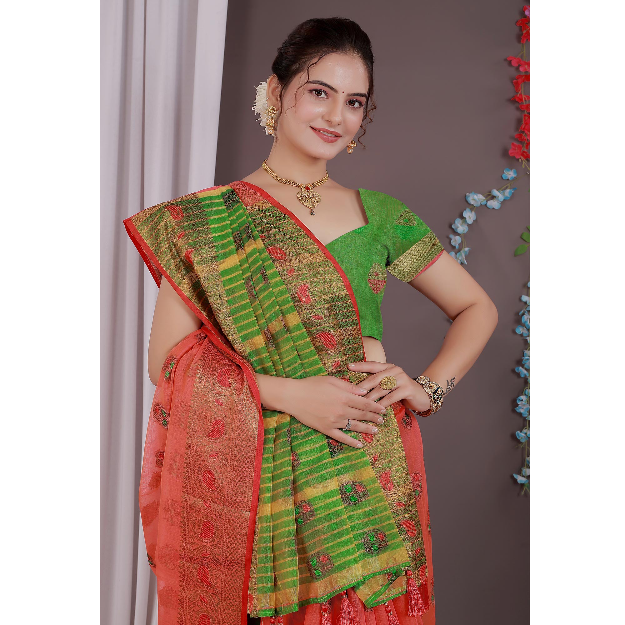 Red Floral Woven Cotton Silk Saree With Tassels