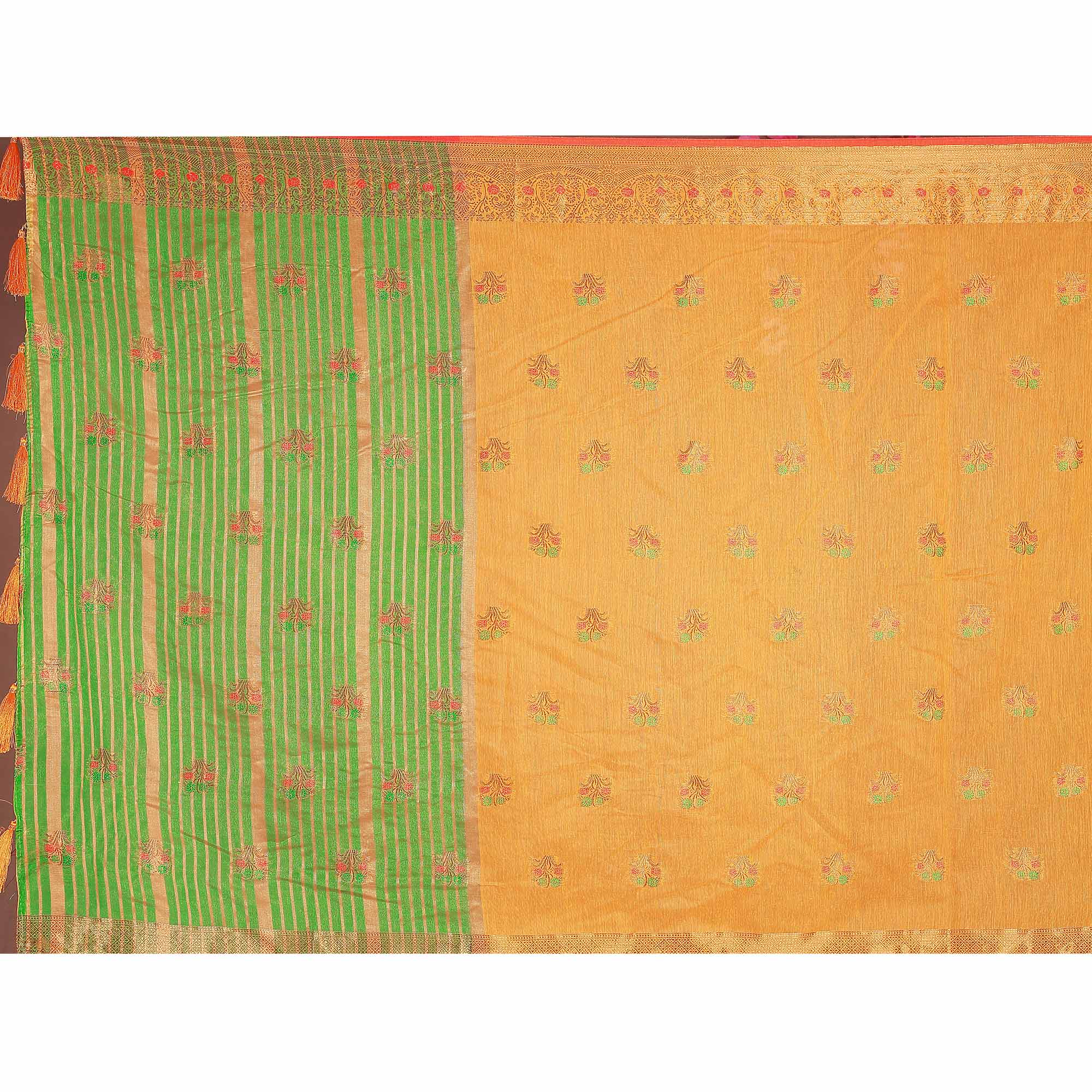 Yellow Floral Woven Cotton Silk Saree With Tassels