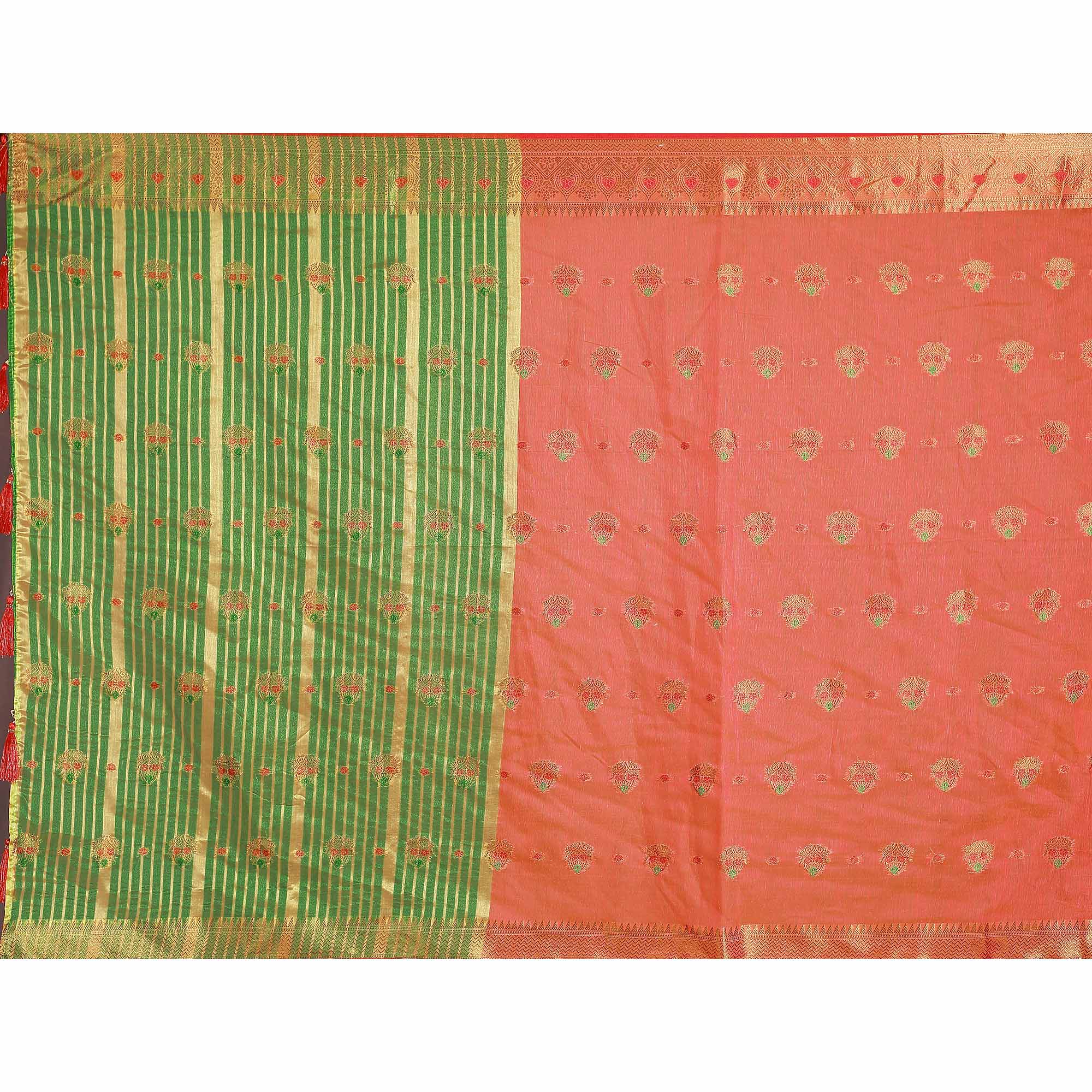 Red Floral Woven Cotton Silk Saree With Tassels