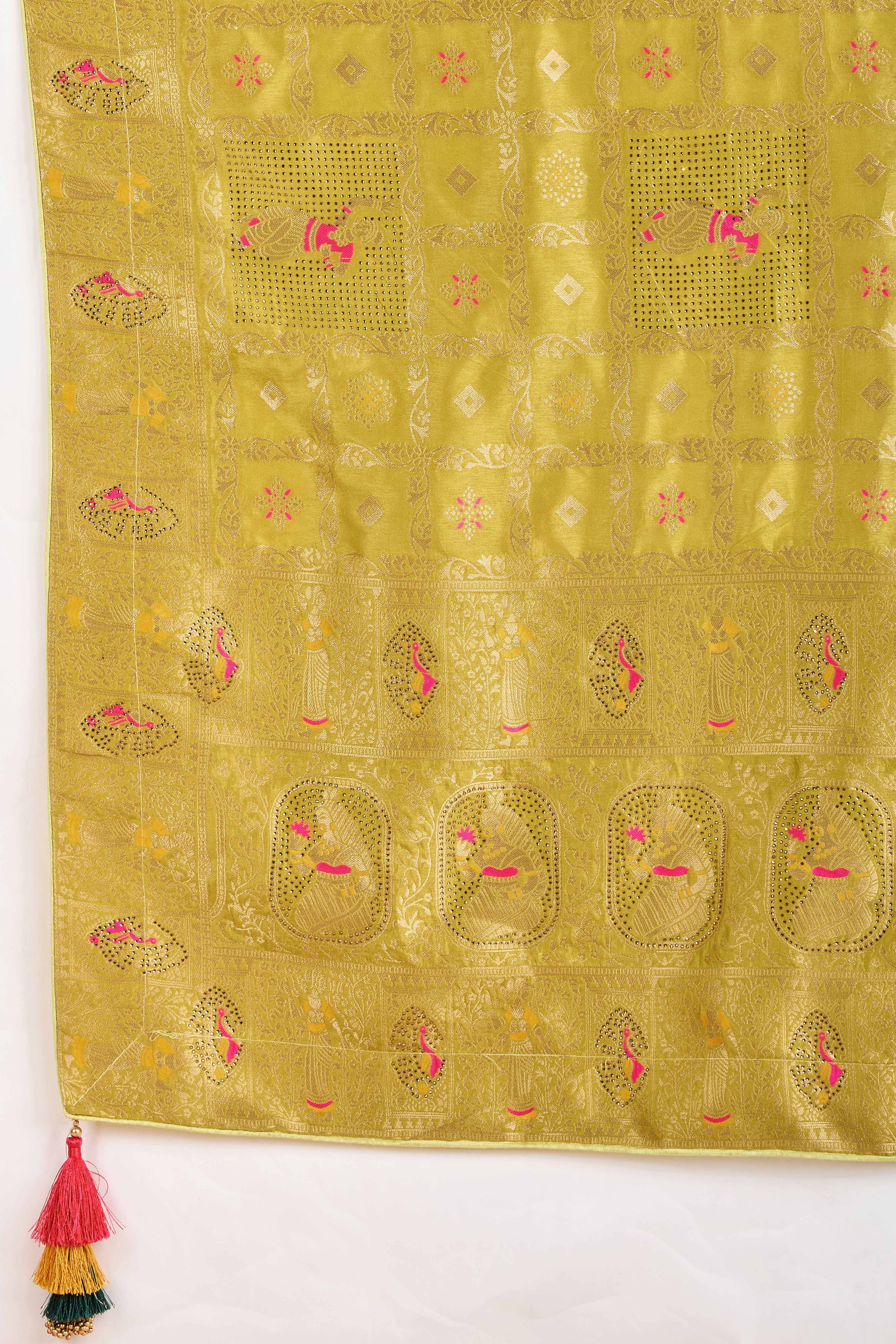 Olive Dola Silk Saree Featuring Intricate Gharchola Woven Design