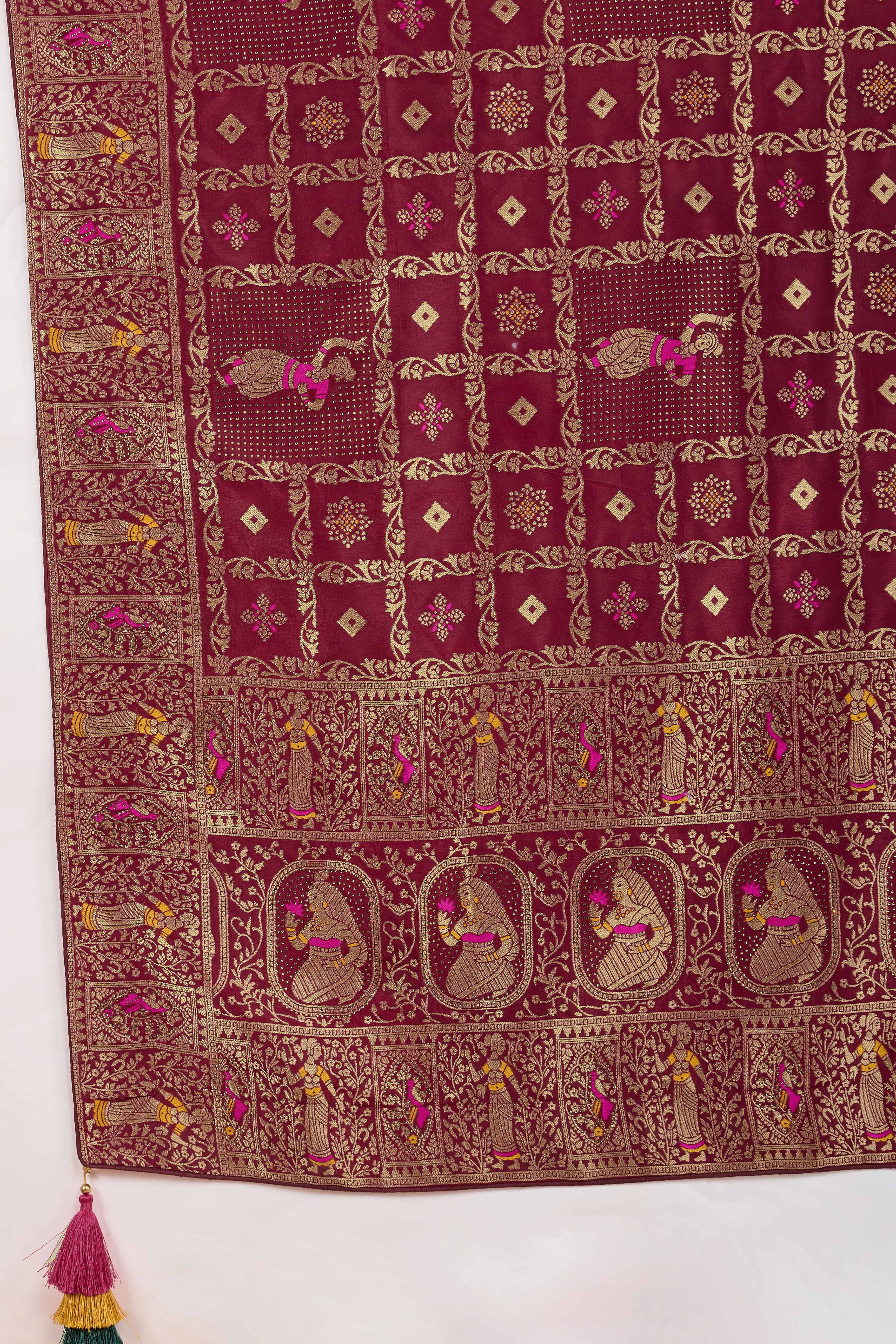 Wine Dola Silk Saree Featuring Intricate Gharchola Woven Design