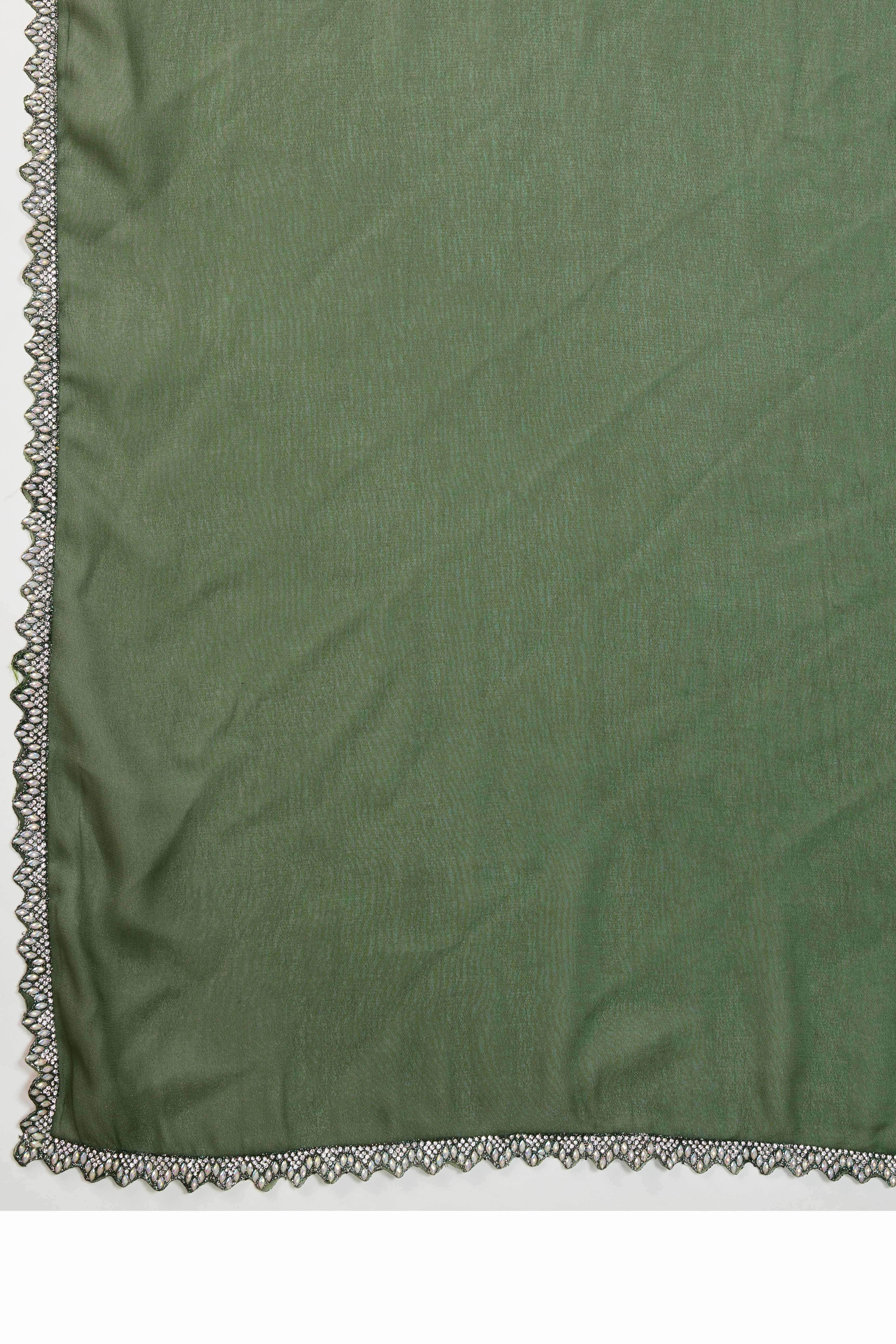 Green Solid Matt Georgette Saree With Ceramic Embellished Lace Border