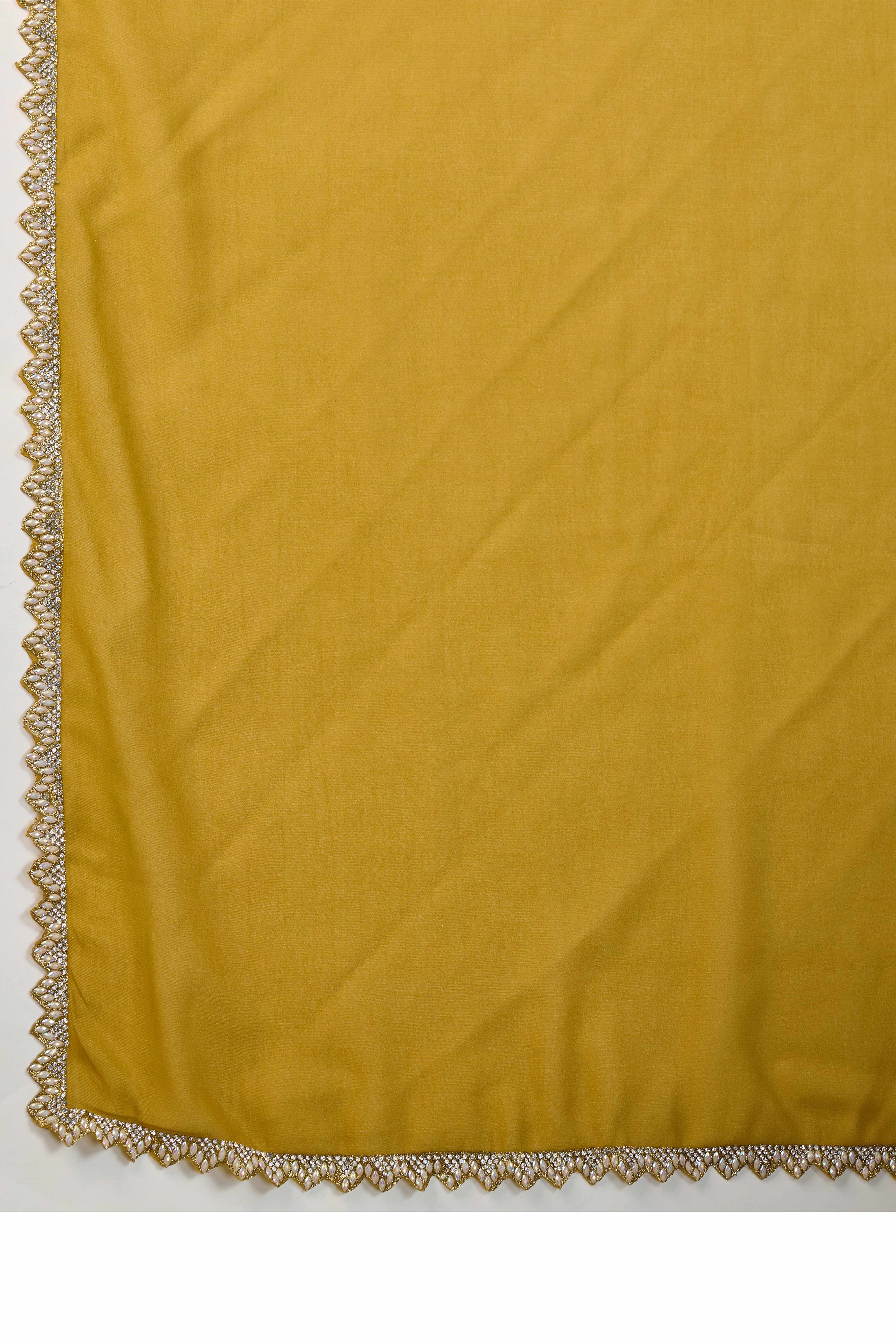 Mustard Solid Matt Georgette Saree With Ceramic Embellished Lace Border