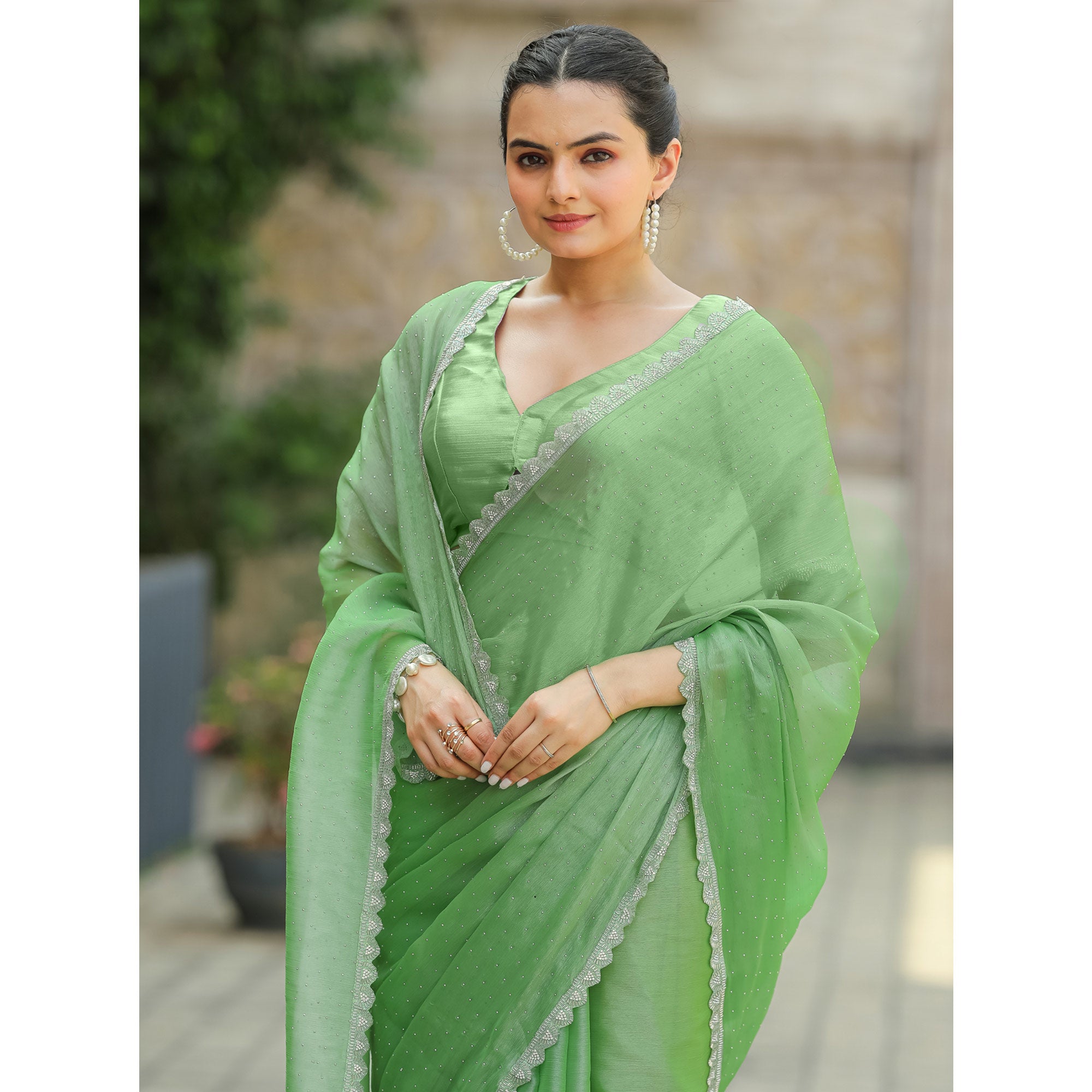 Green Stonework Tussar Silk Saree