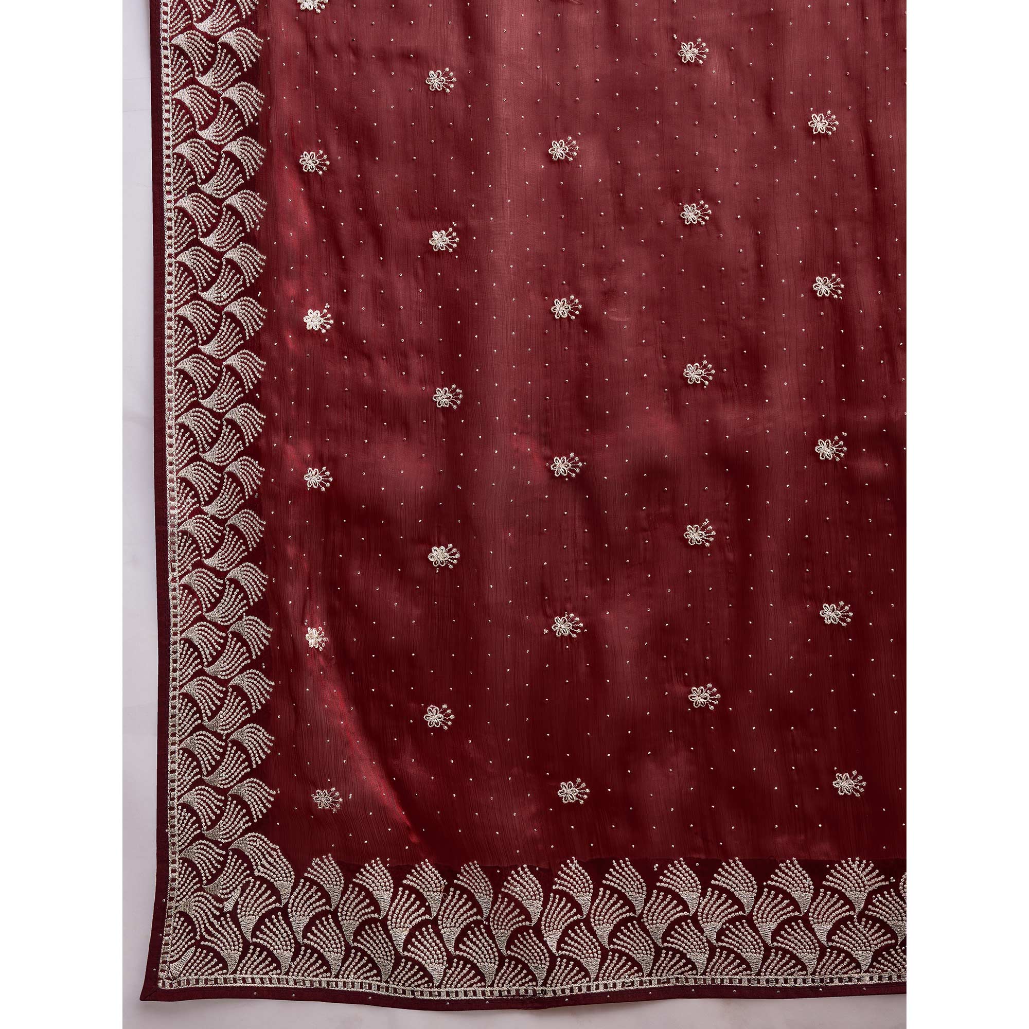 Wine Embroidered Tussar Silk Saree