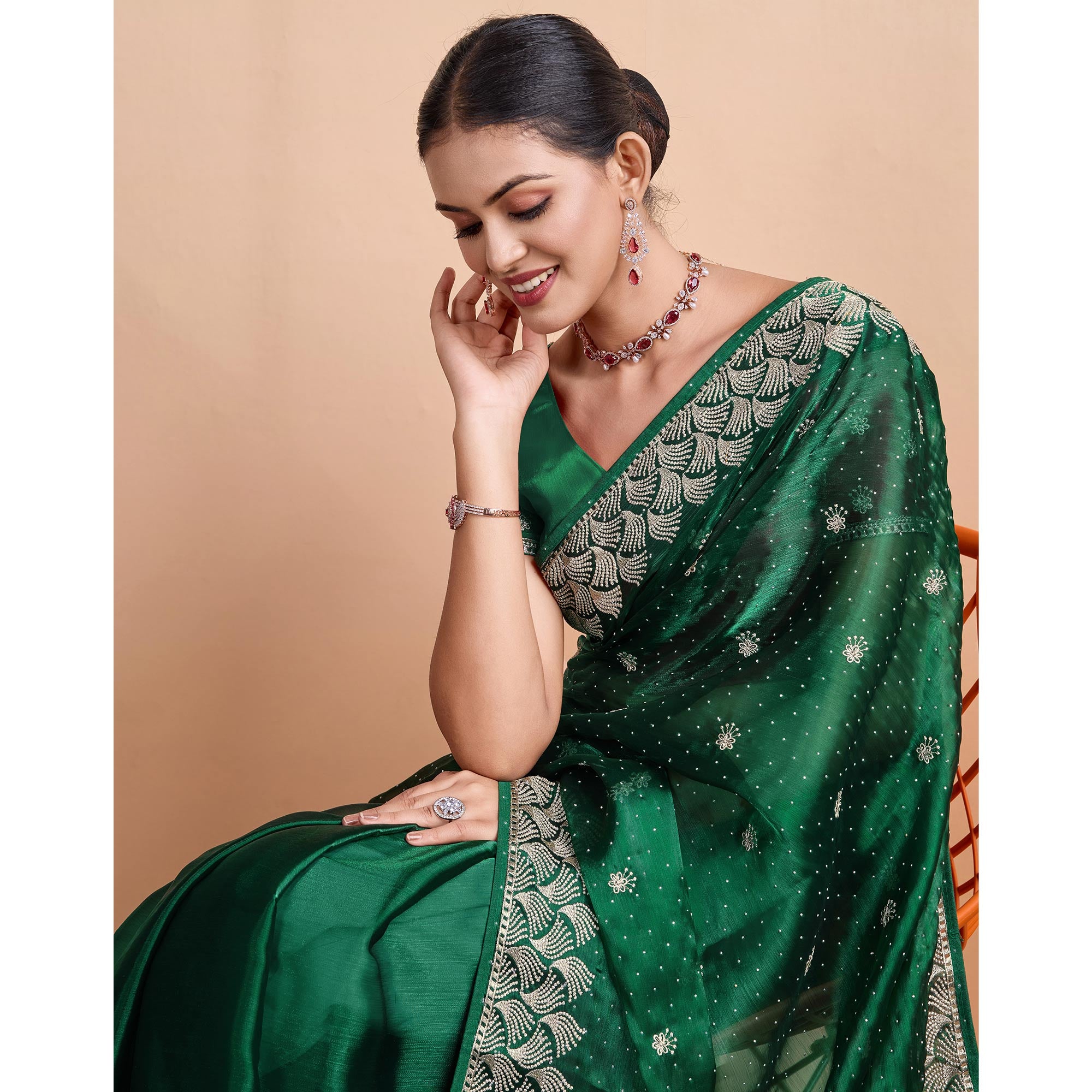 Green Embroidered Tussar Silk Saree - Image 8