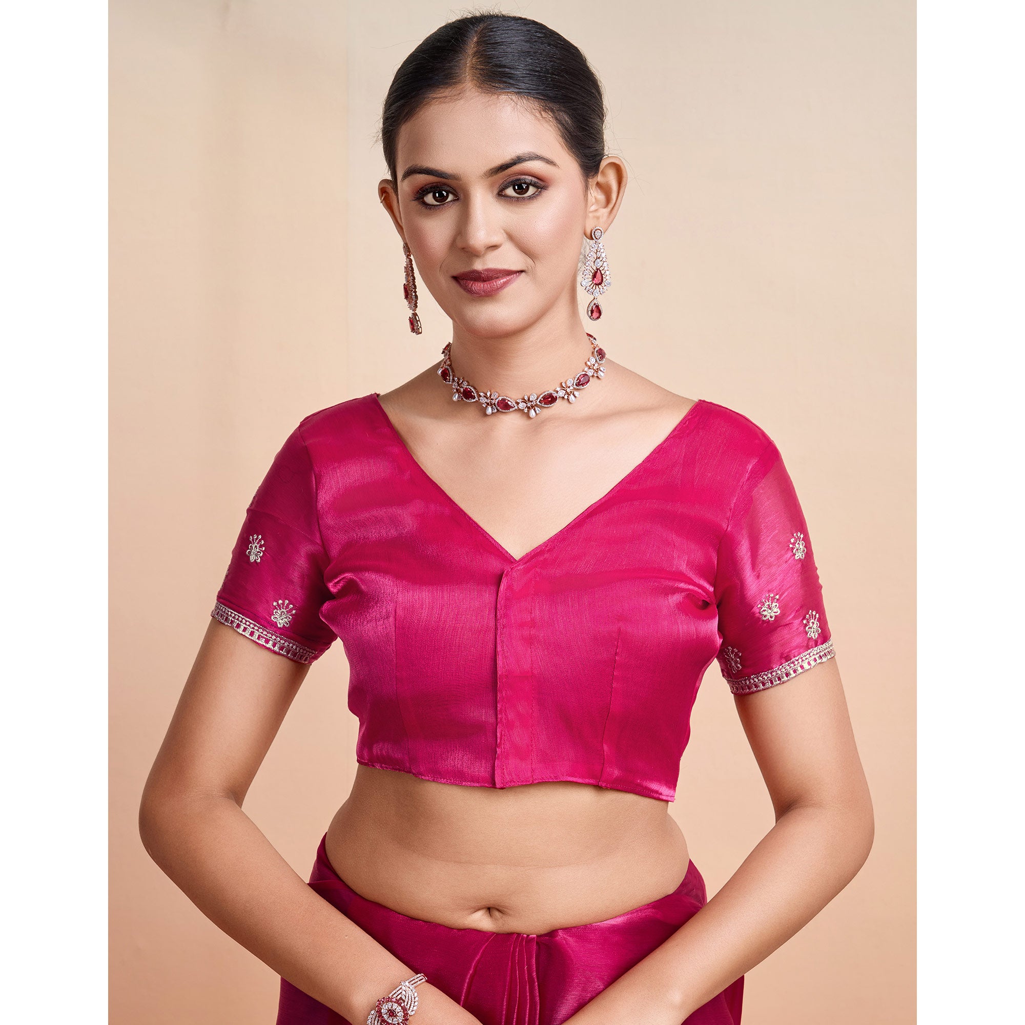 Pink Embroidered Tussar Silk Saree