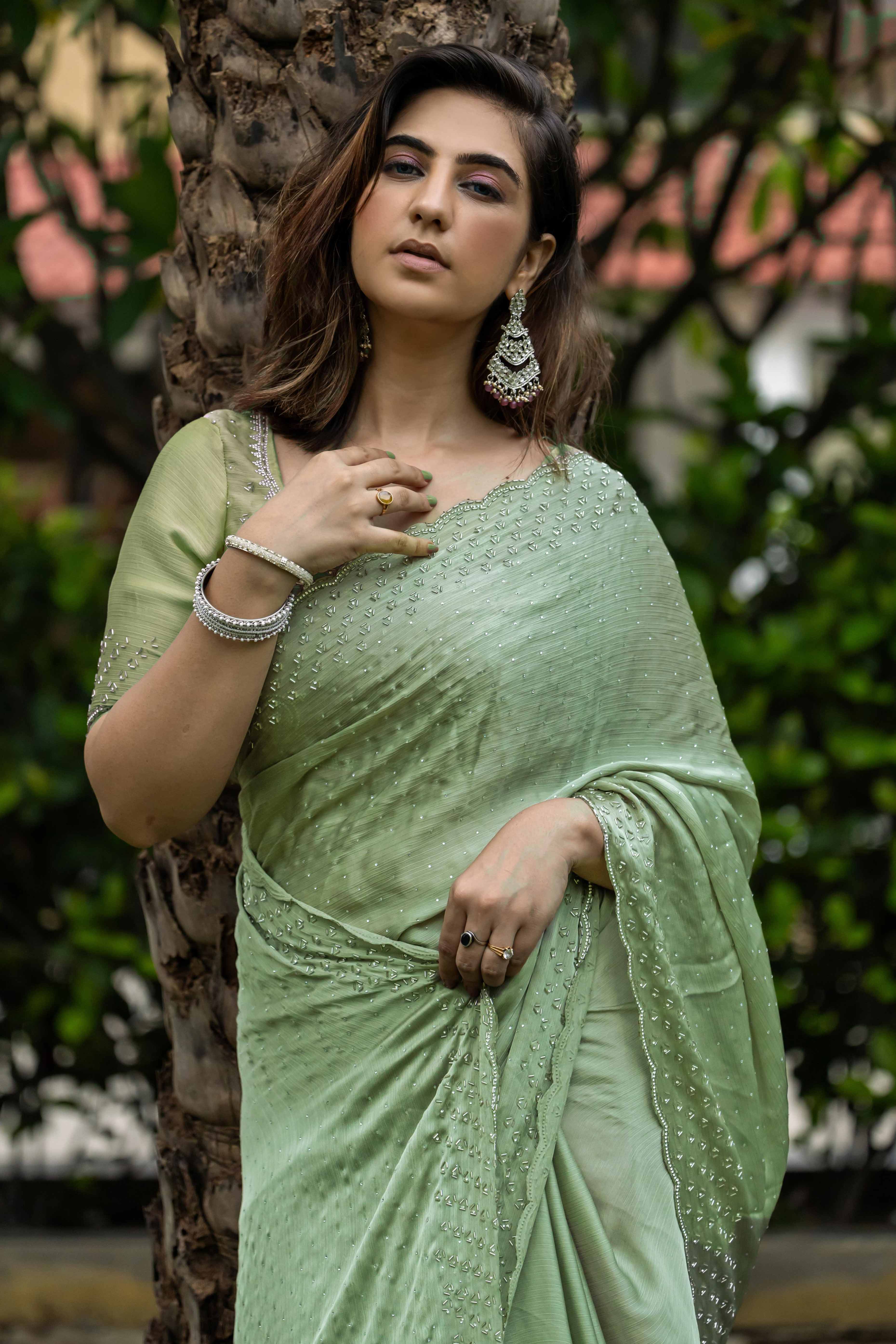Ethereal Sage Green Satin Chiffon Saree with Handcrafted Sequin & Bead Detailing