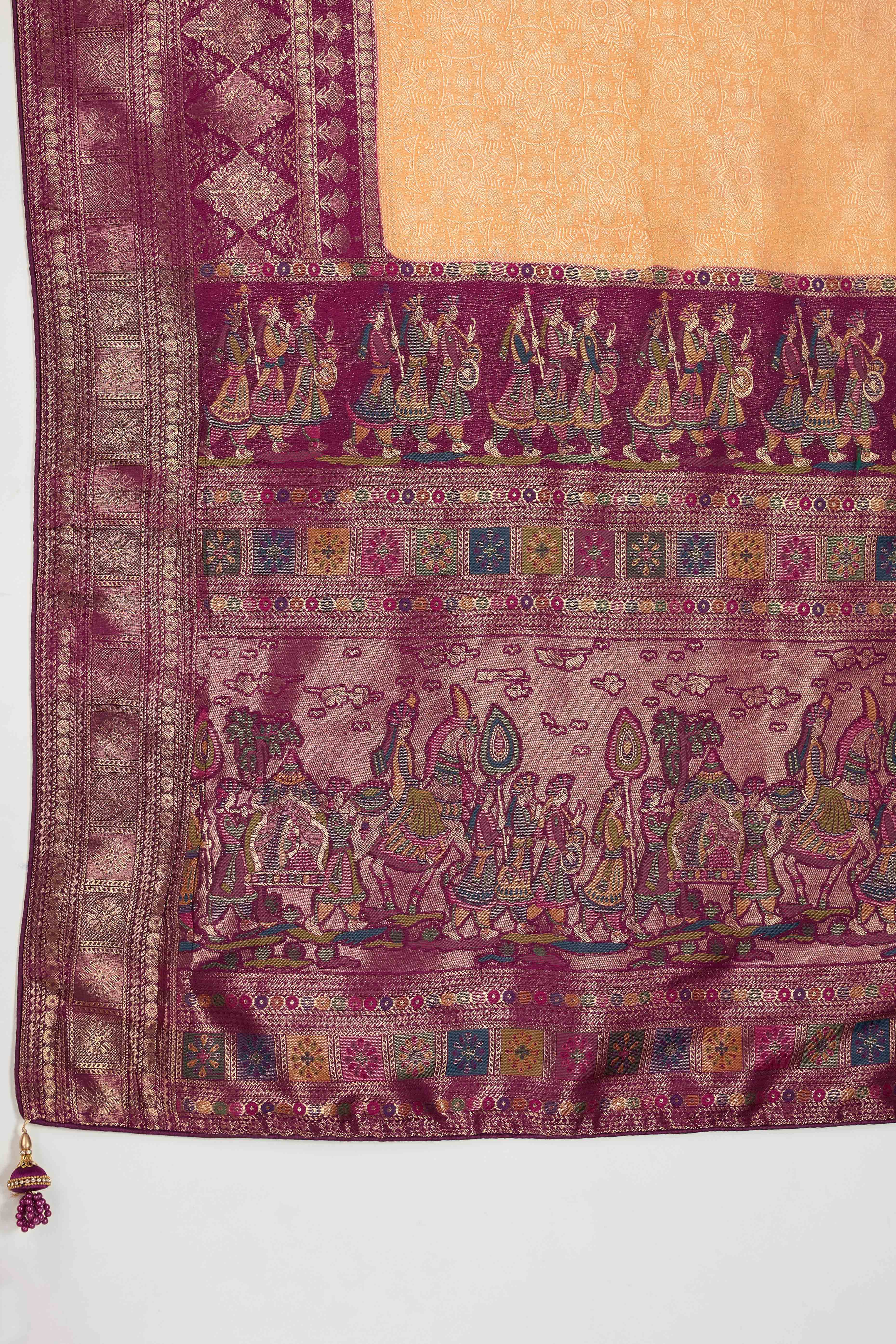 Peach Silk Kanjivaram Silk Saree Enhanced With Meenakari Weaving Borders