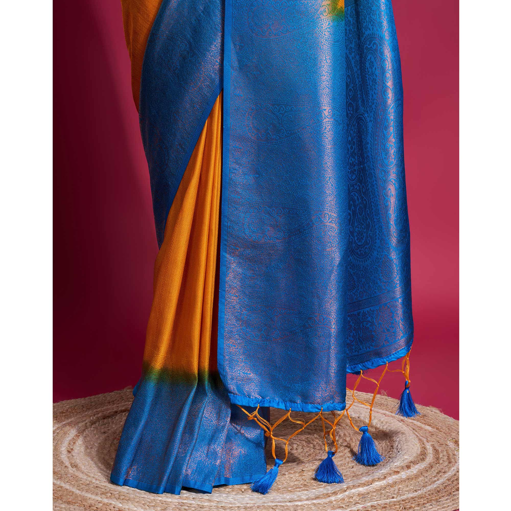 Yellow & Blue Woven Kanjivaram Silk Saree With Tassels