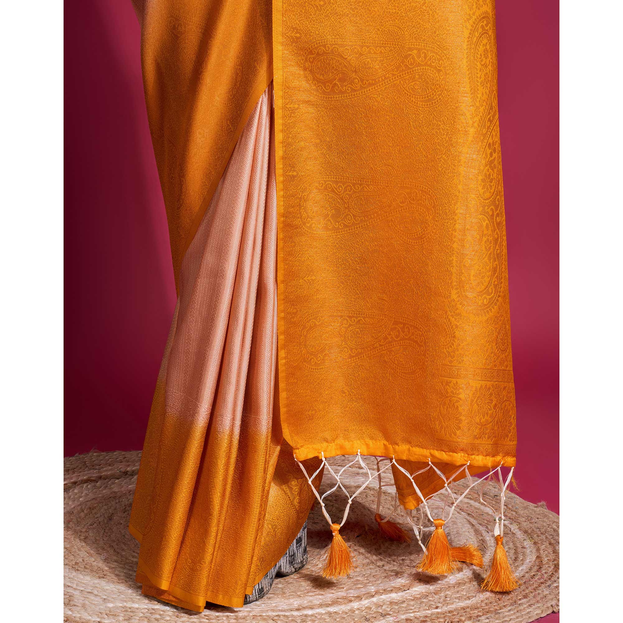 Peach & Yellow Woven Kanjivaram Silk Saree With Tassels