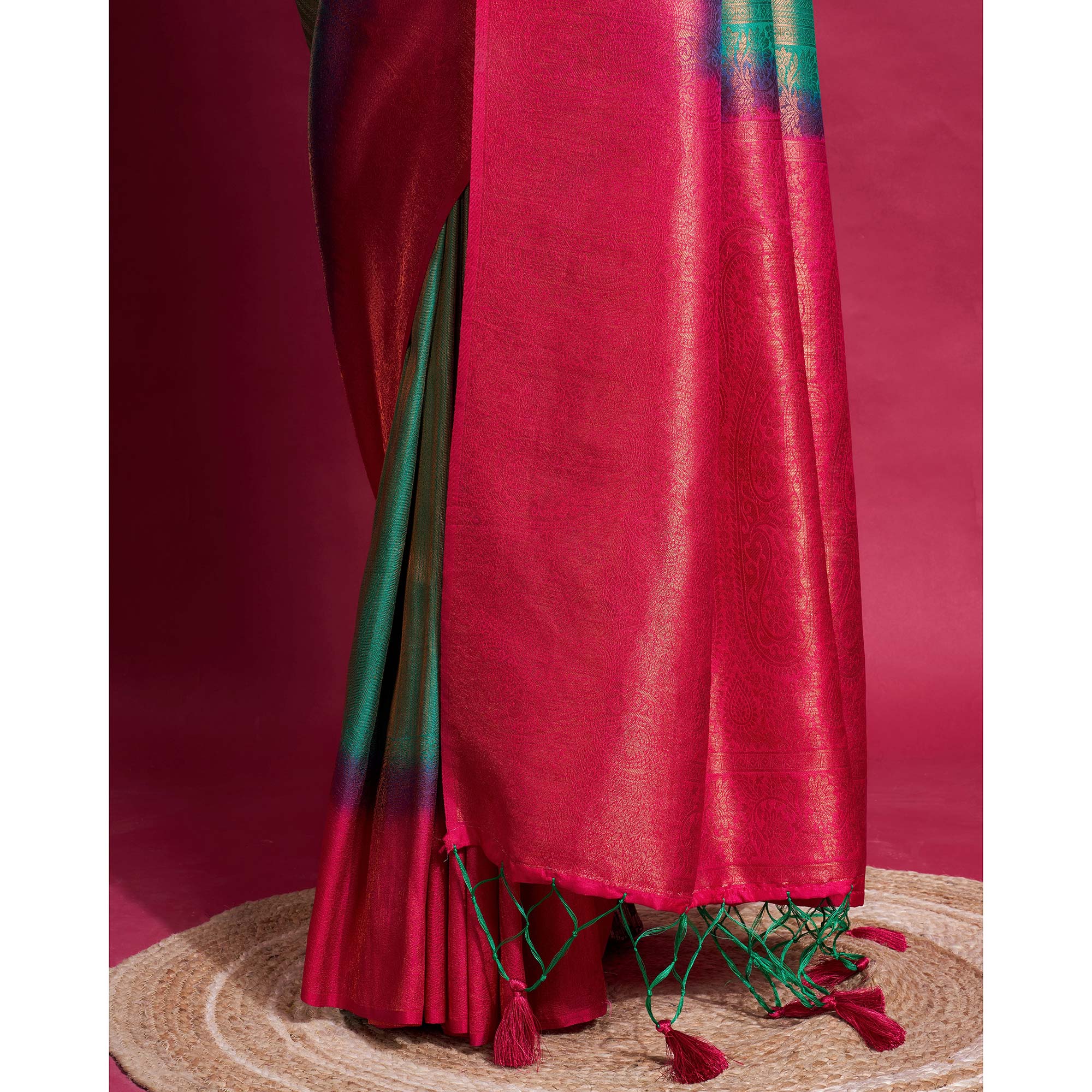 Green & Pink Woven Kanjivaram Silk Saree With Tassels