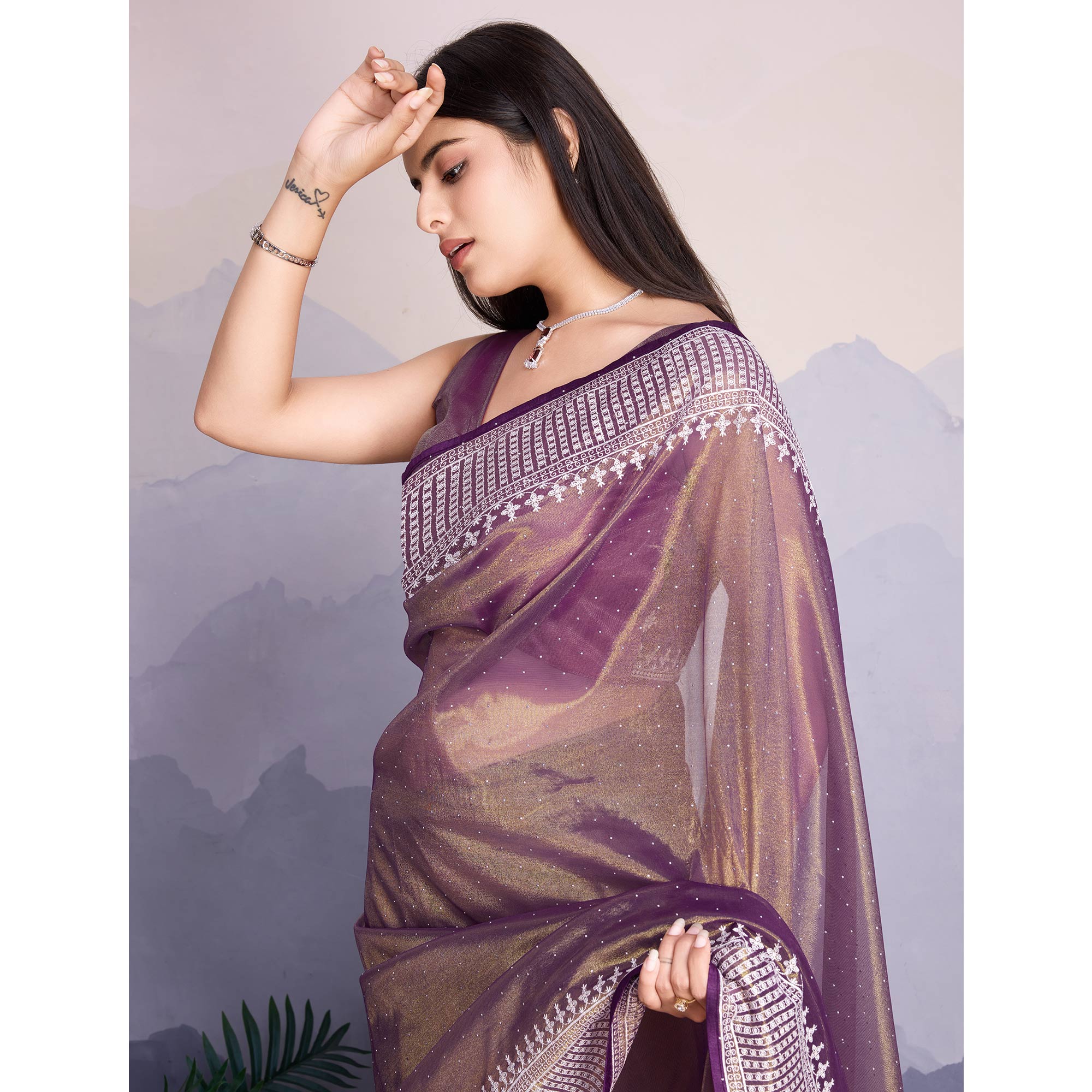 Purple Swarovski Work Embroidered Net Saree