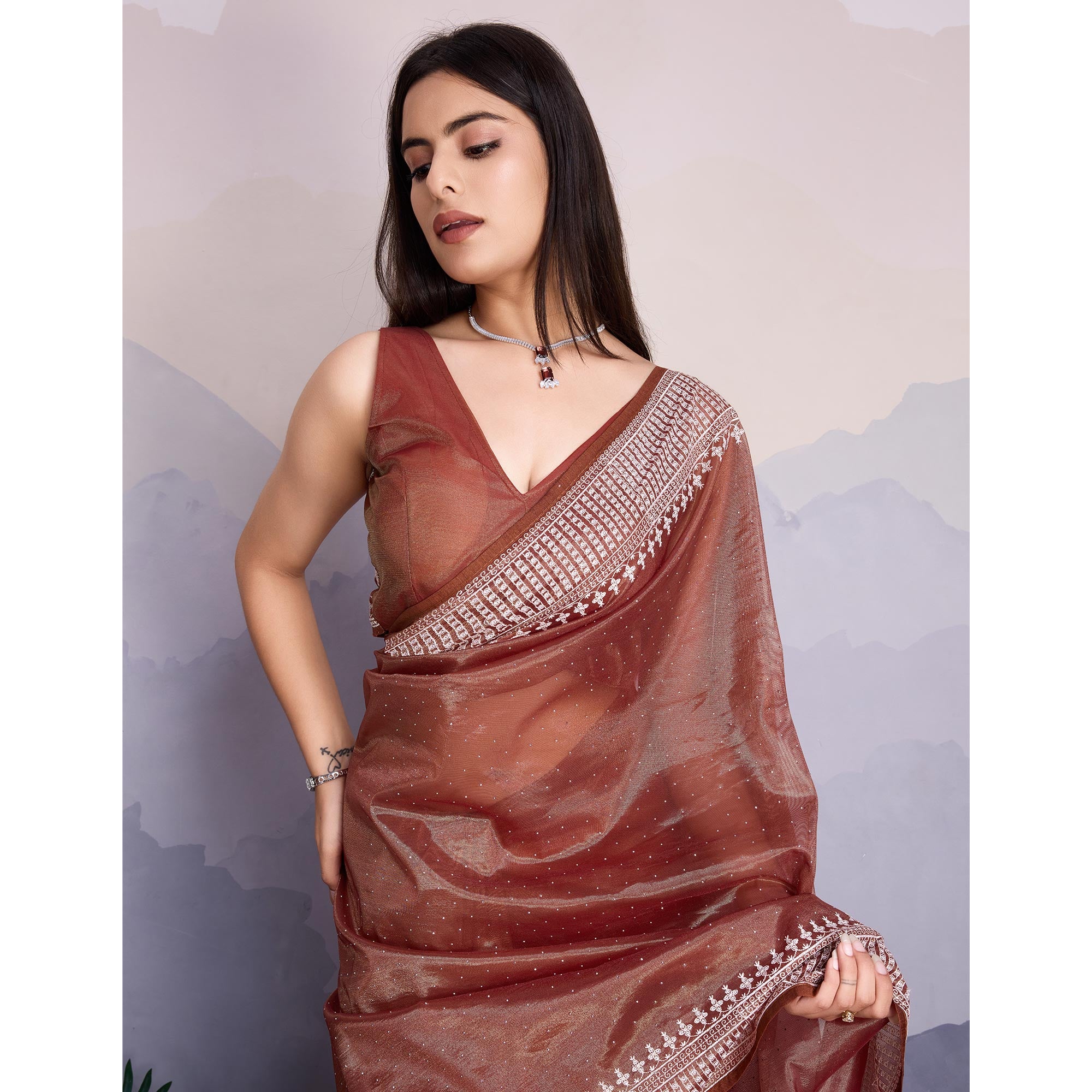 Brown Swarovski Work Embroidered Net Saree