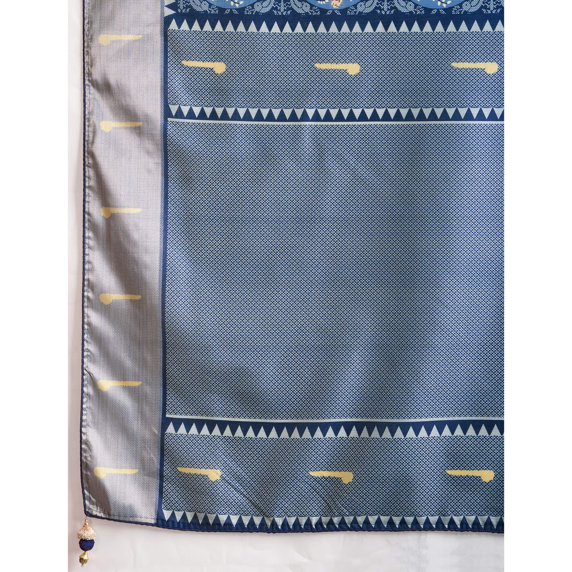 Blue Digital Printed Dola Silk Saree With Exquisite Weaving Zari Border & Opulent Pallu