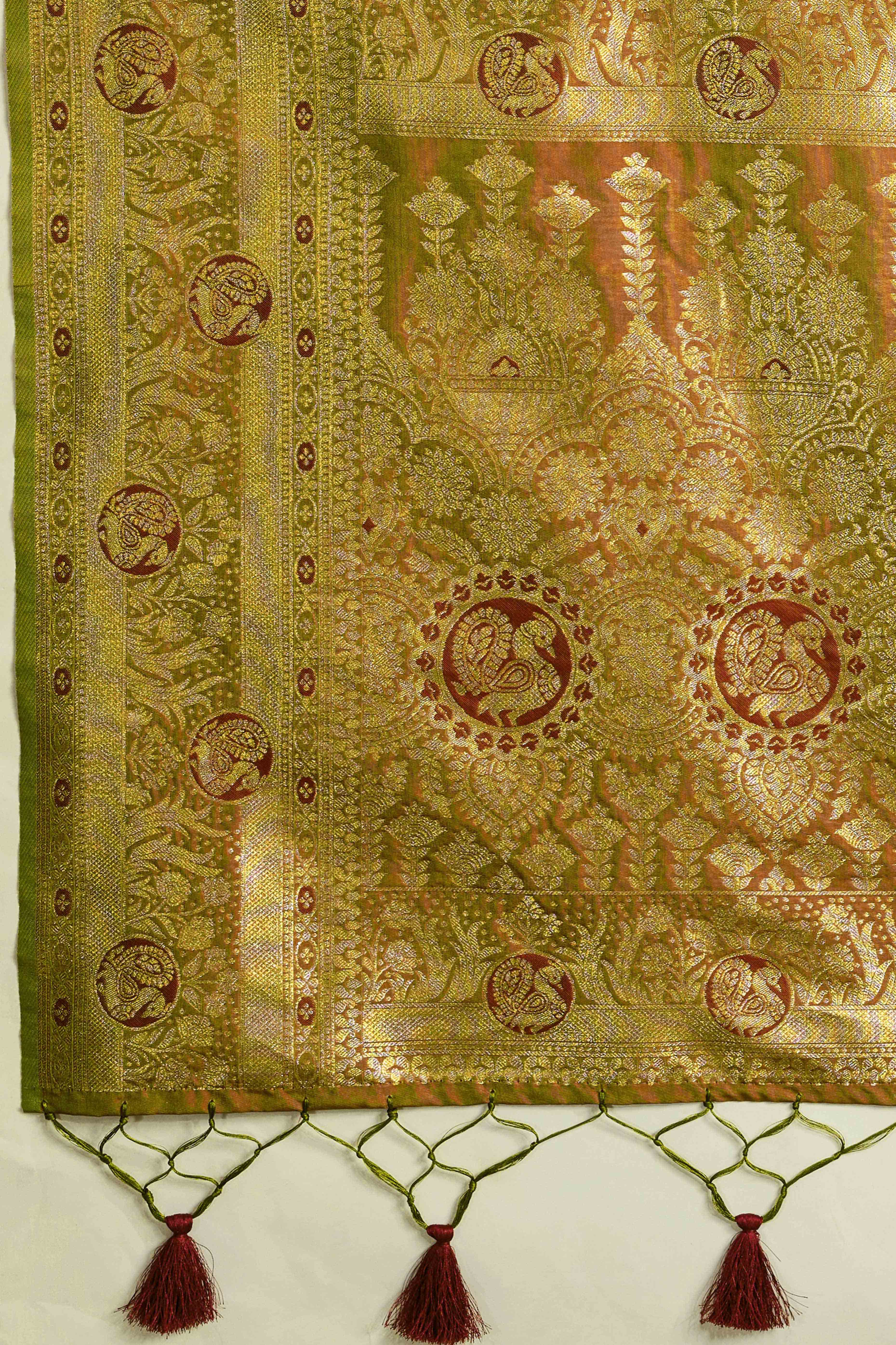Olive Dual Tone Banarasi Silk Saree Accented with Meenakari Weaves