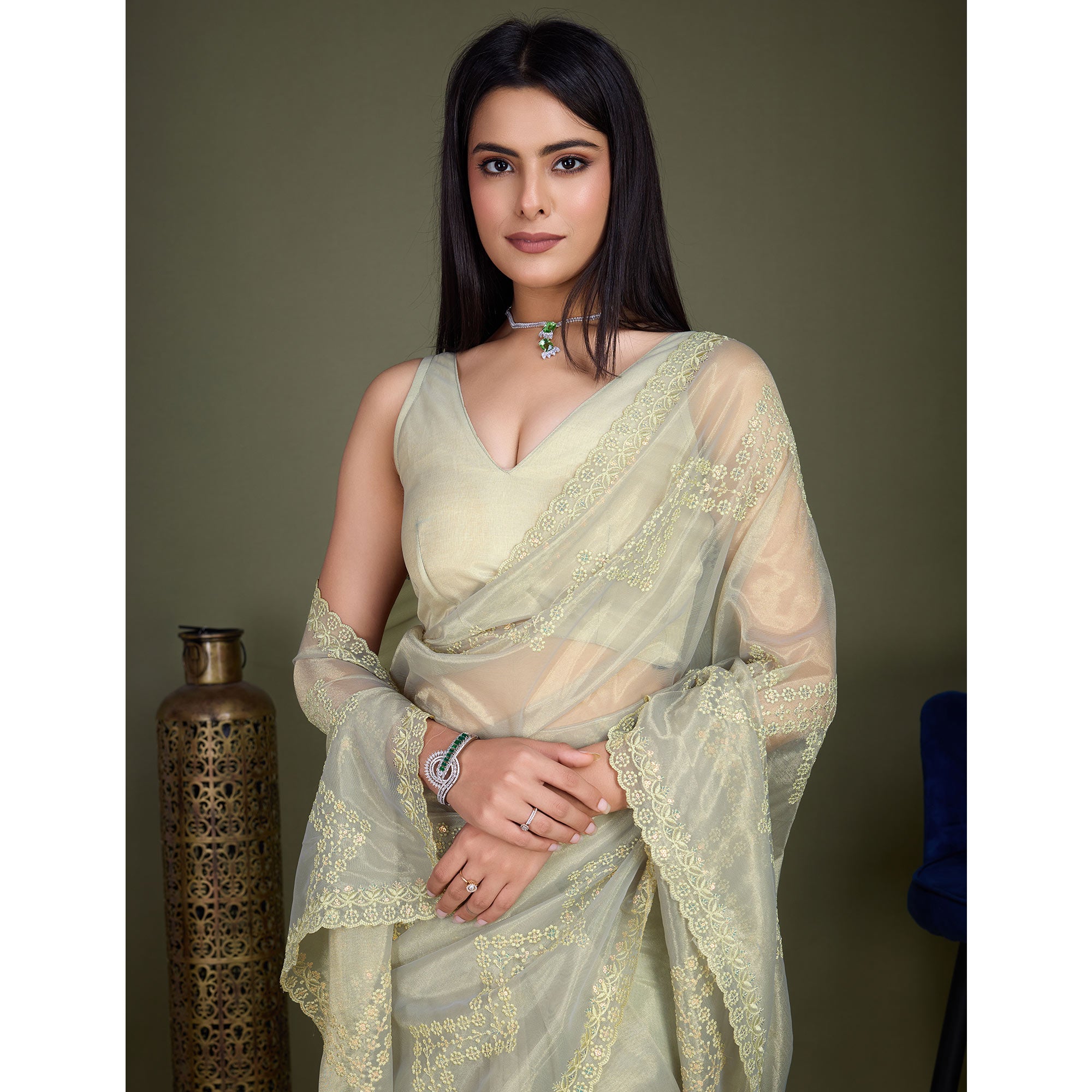 Light Olive Green Sequins Embroidered Shimmer Net Saree