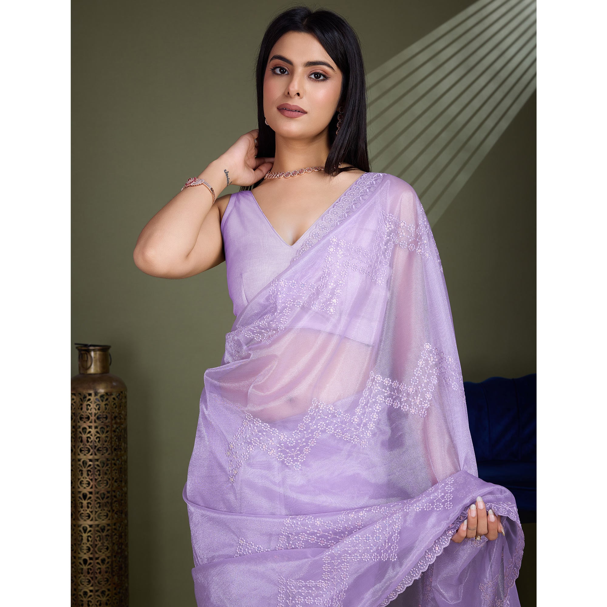 Lavender Sequins Embroidered Shimmer Net Saree