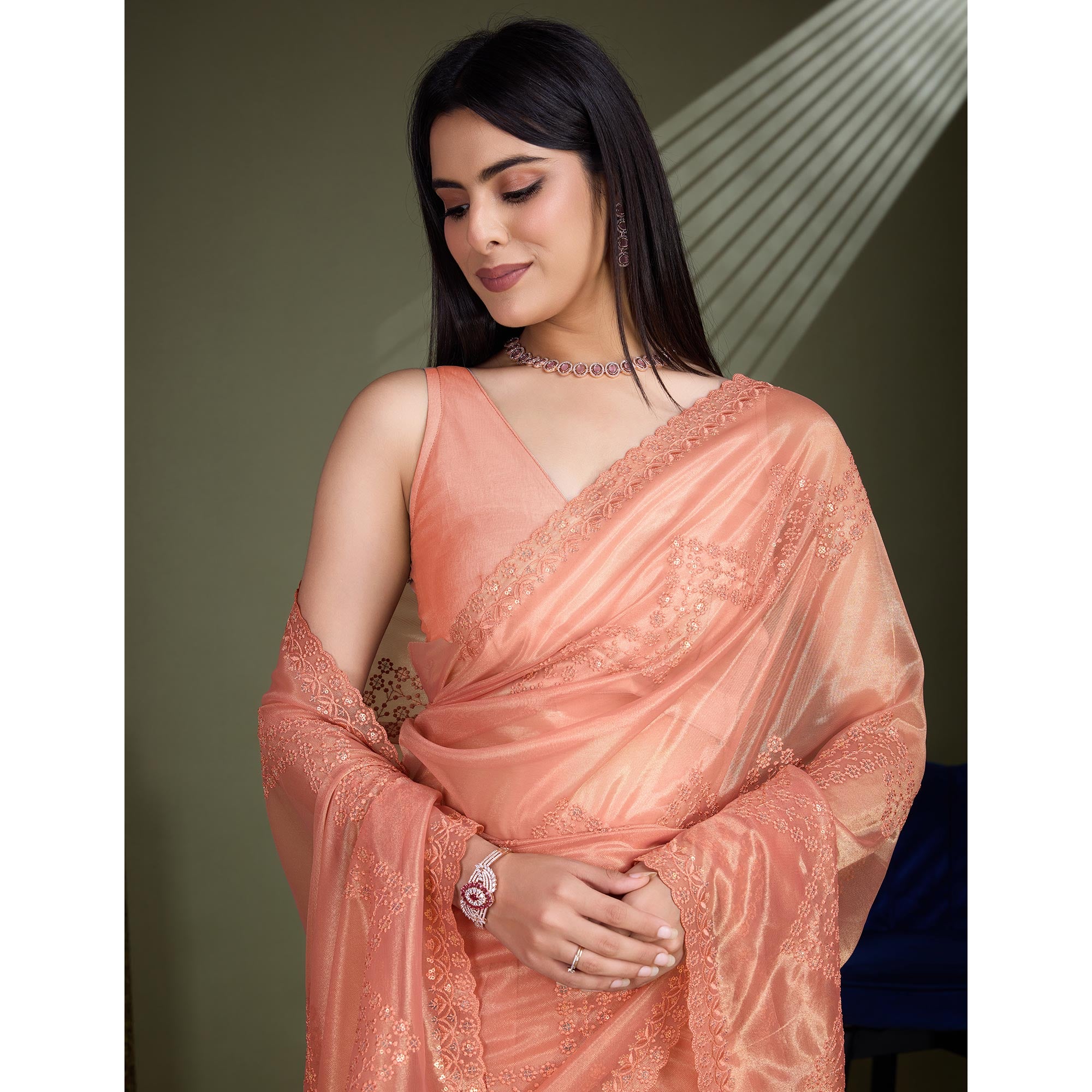 Peach Sequins Embroidered Shimmer Net Saree