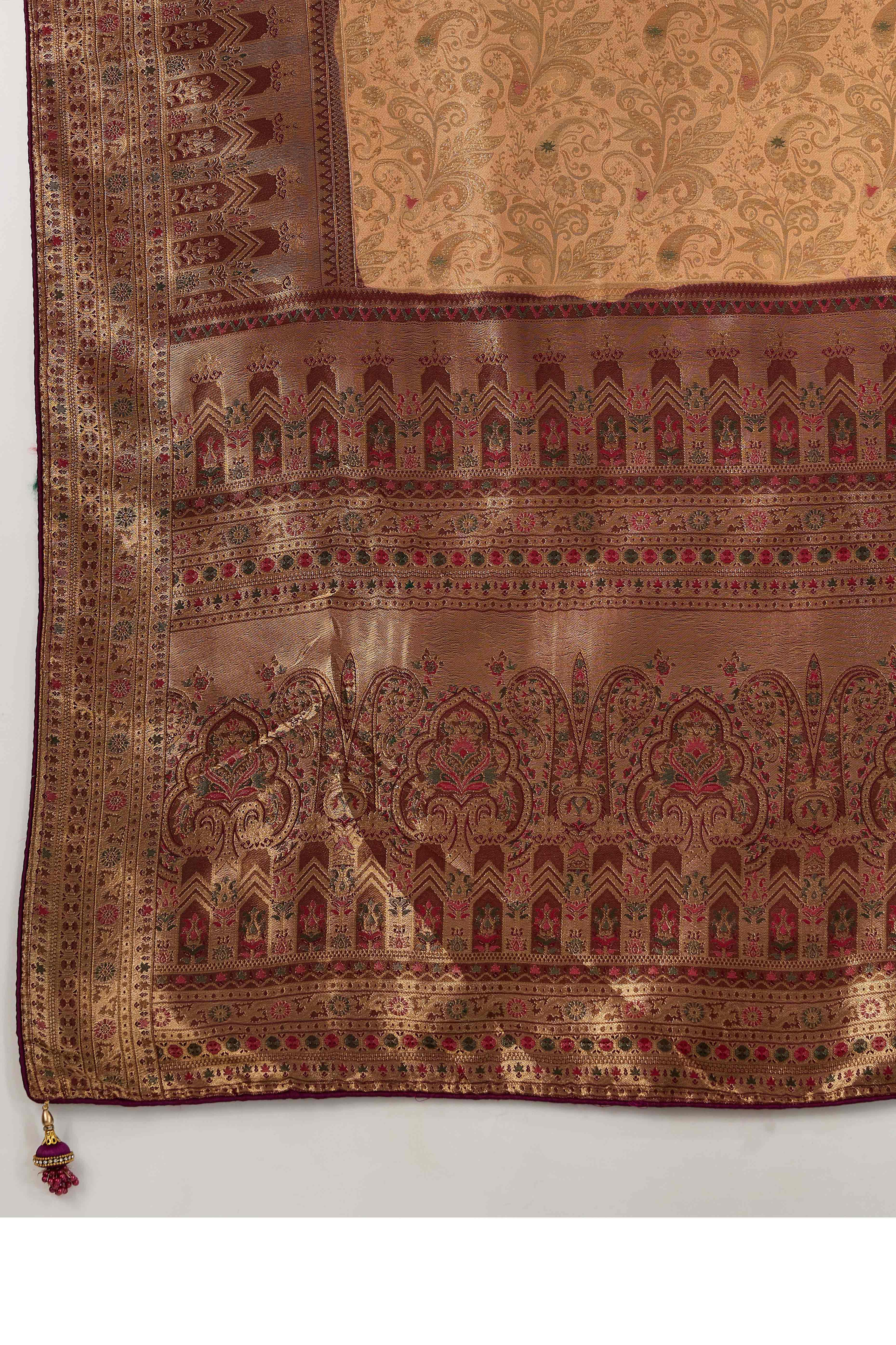 Peach Floral Meenakari Weaving Kanjivaram Silk Saree With Rich Piping & Tassel Pallu