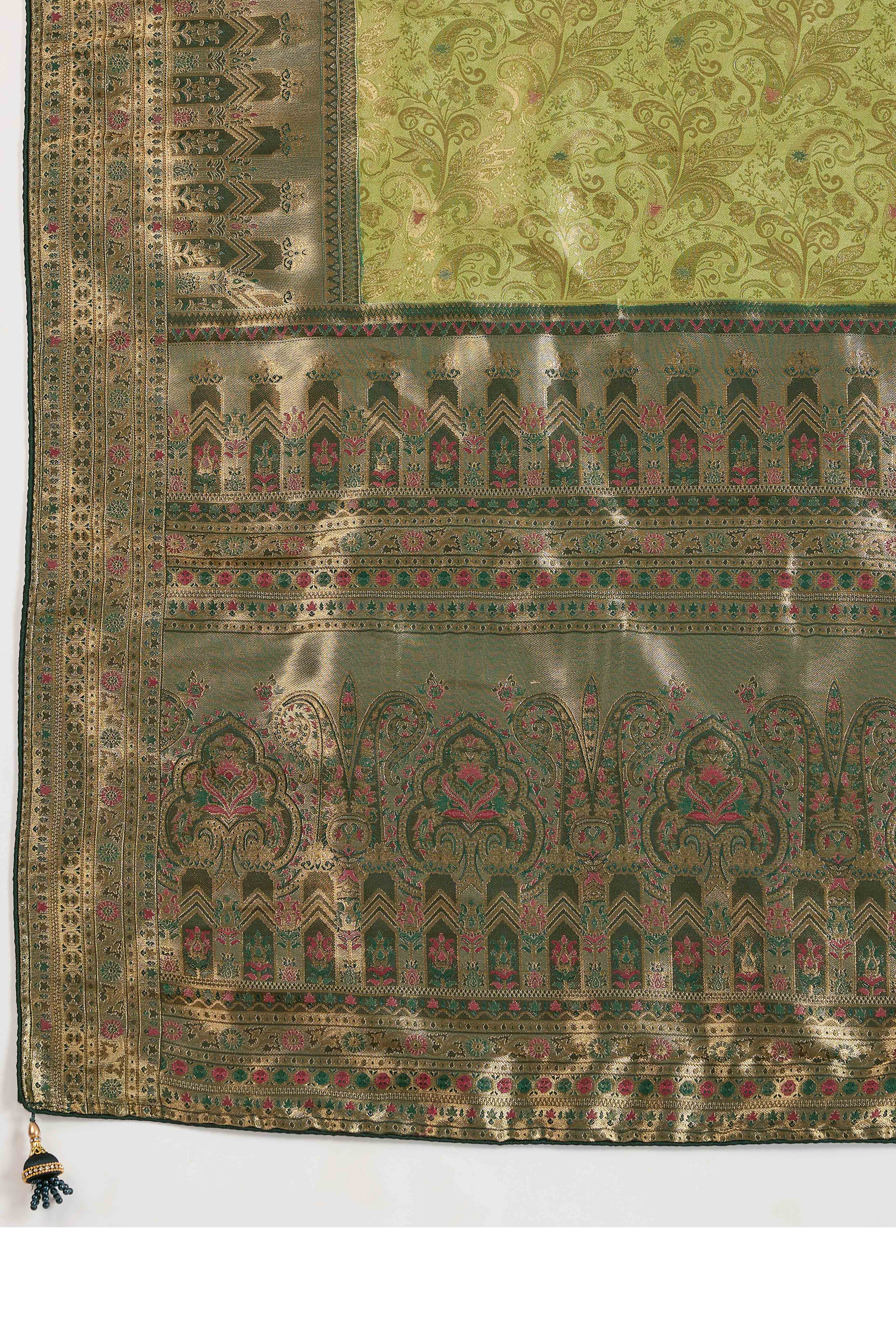 Pista Green Floral Meenakari Weaving Kanjivaram Silk Saree With Rich Piping & Tassel Pallu