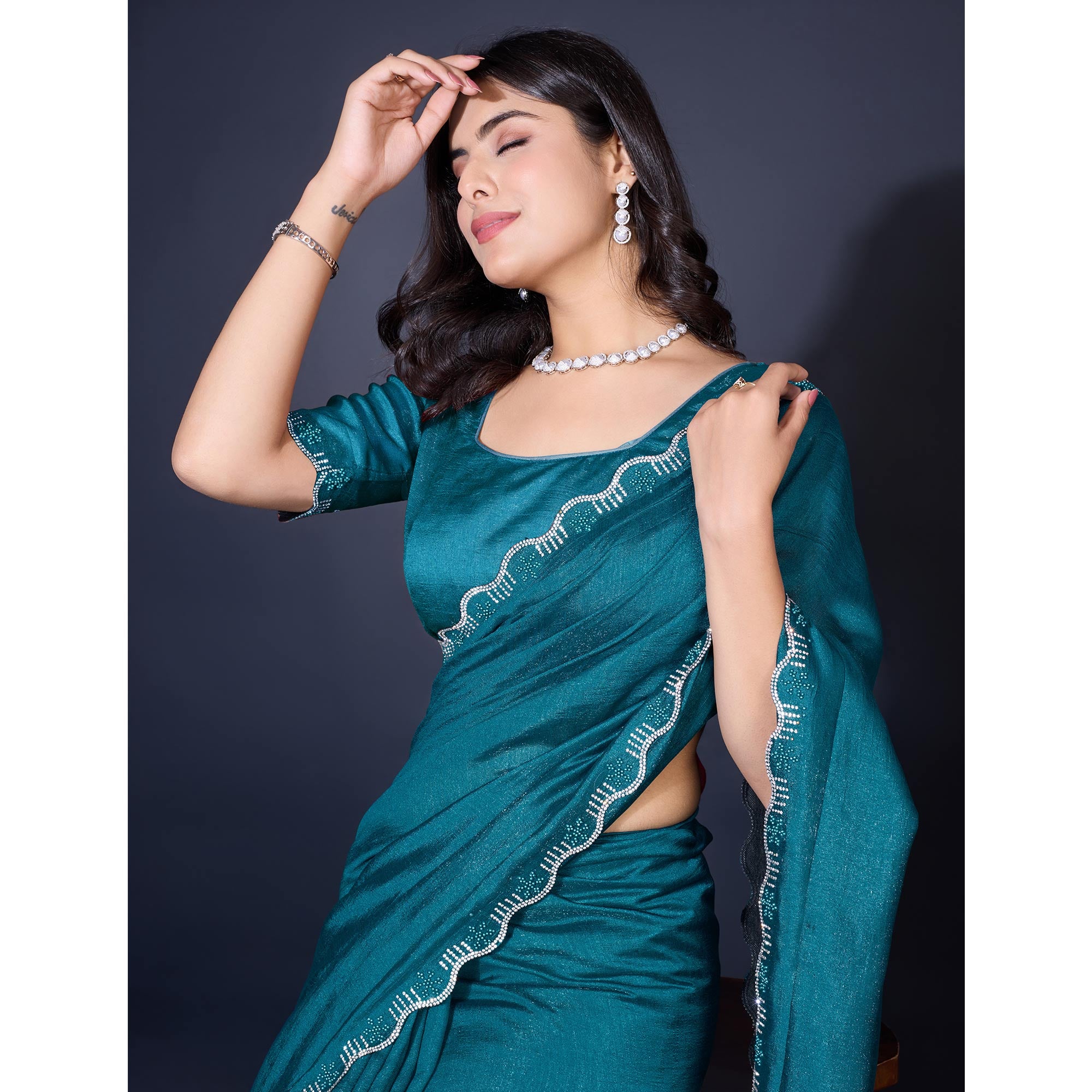 Teal Pearl Work Embroidered Khaadi Saree