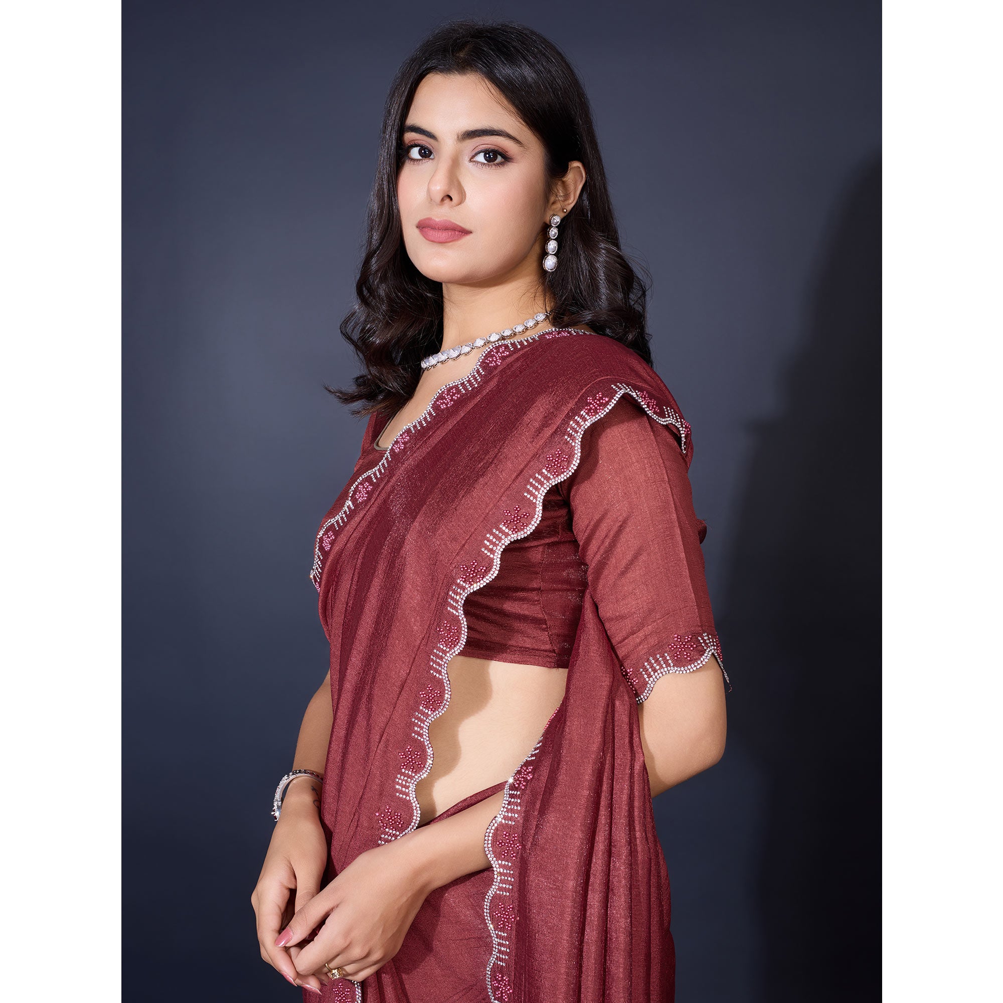 Brown Pearl Work Embroidered Khaadi Saree