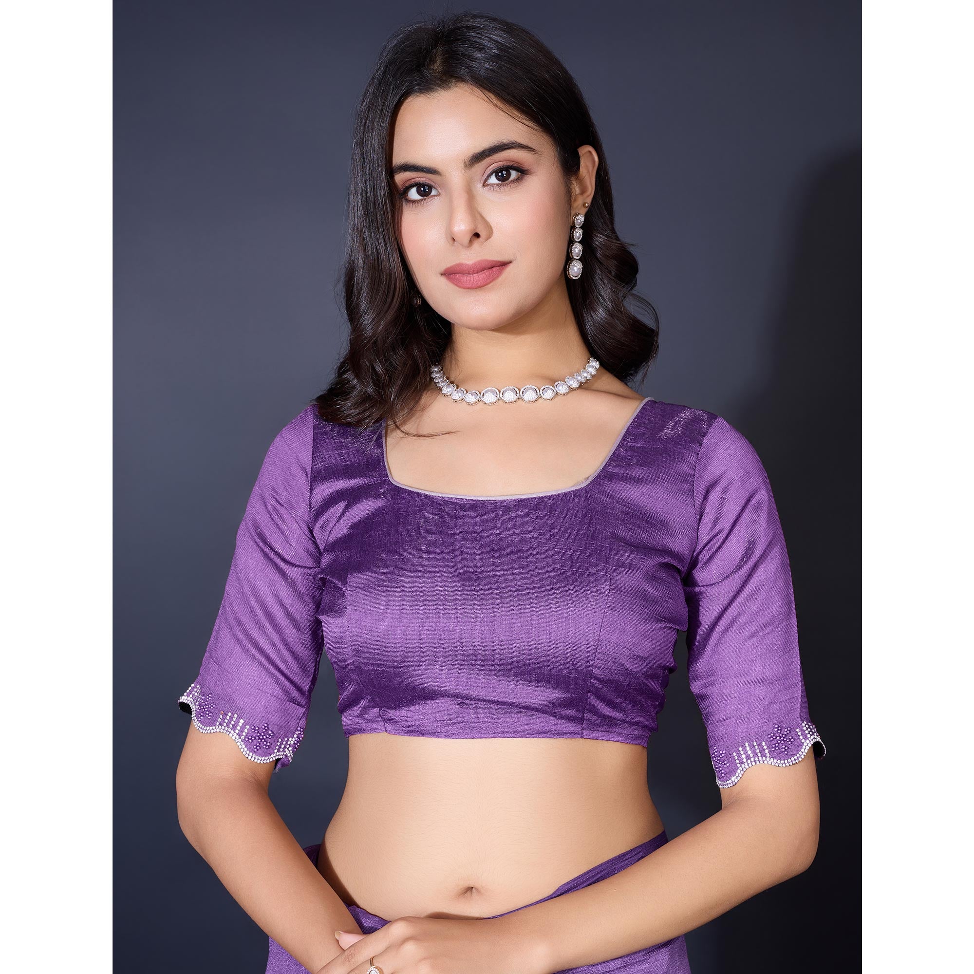 Lavender Pearl Work Embroidered Khaadi Saree