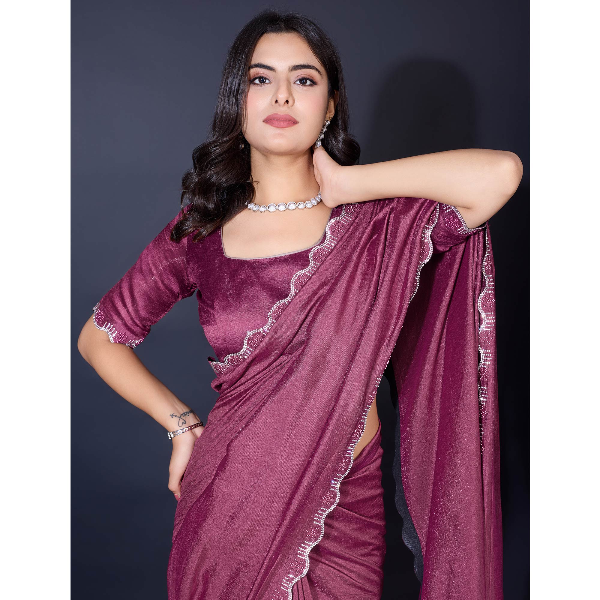 Mauve Pearl Work Embroidered Khaadi Saree