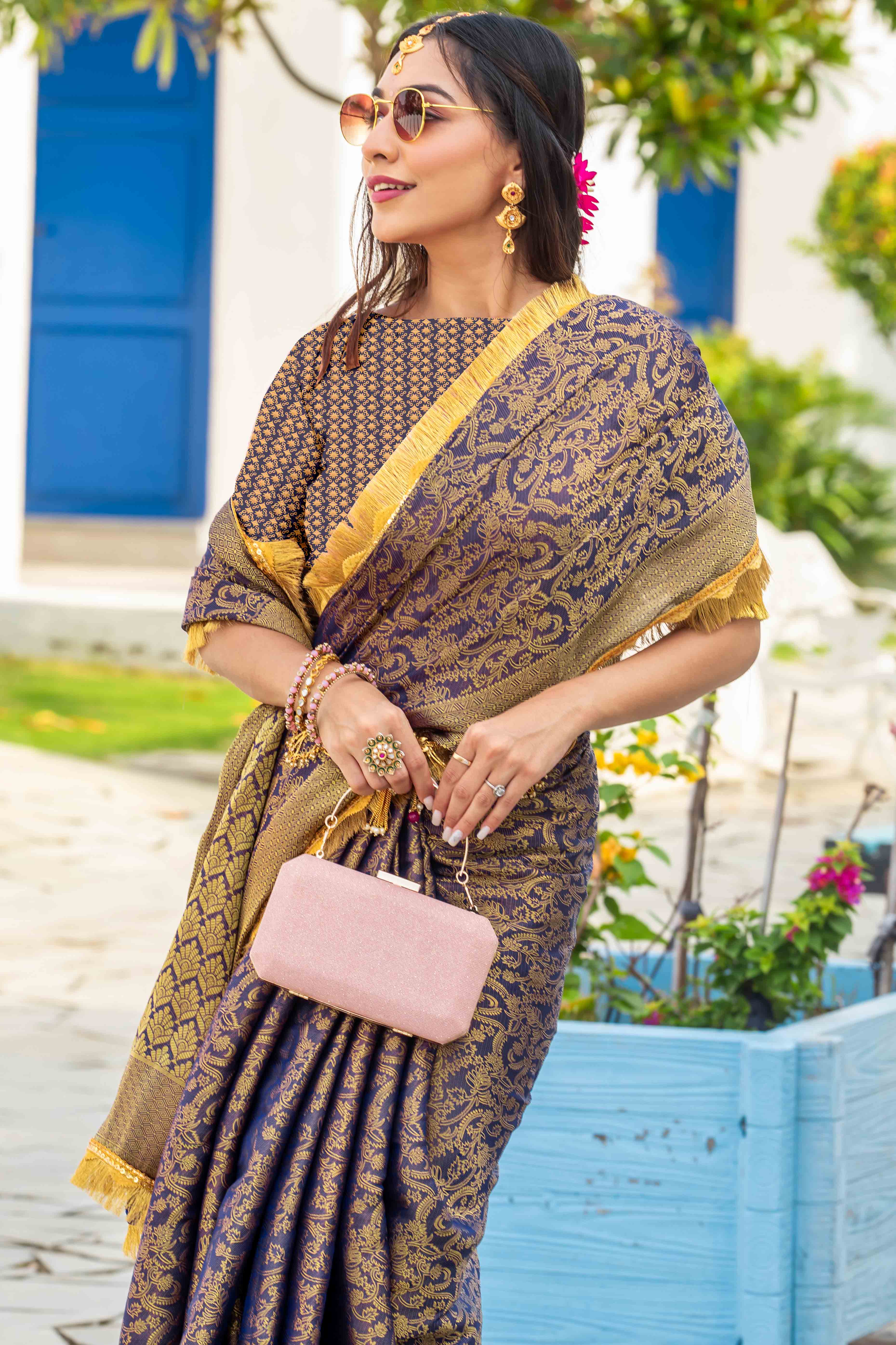 Blue Zari Weaving Mysore Brocade Silk Saree With Zari Border