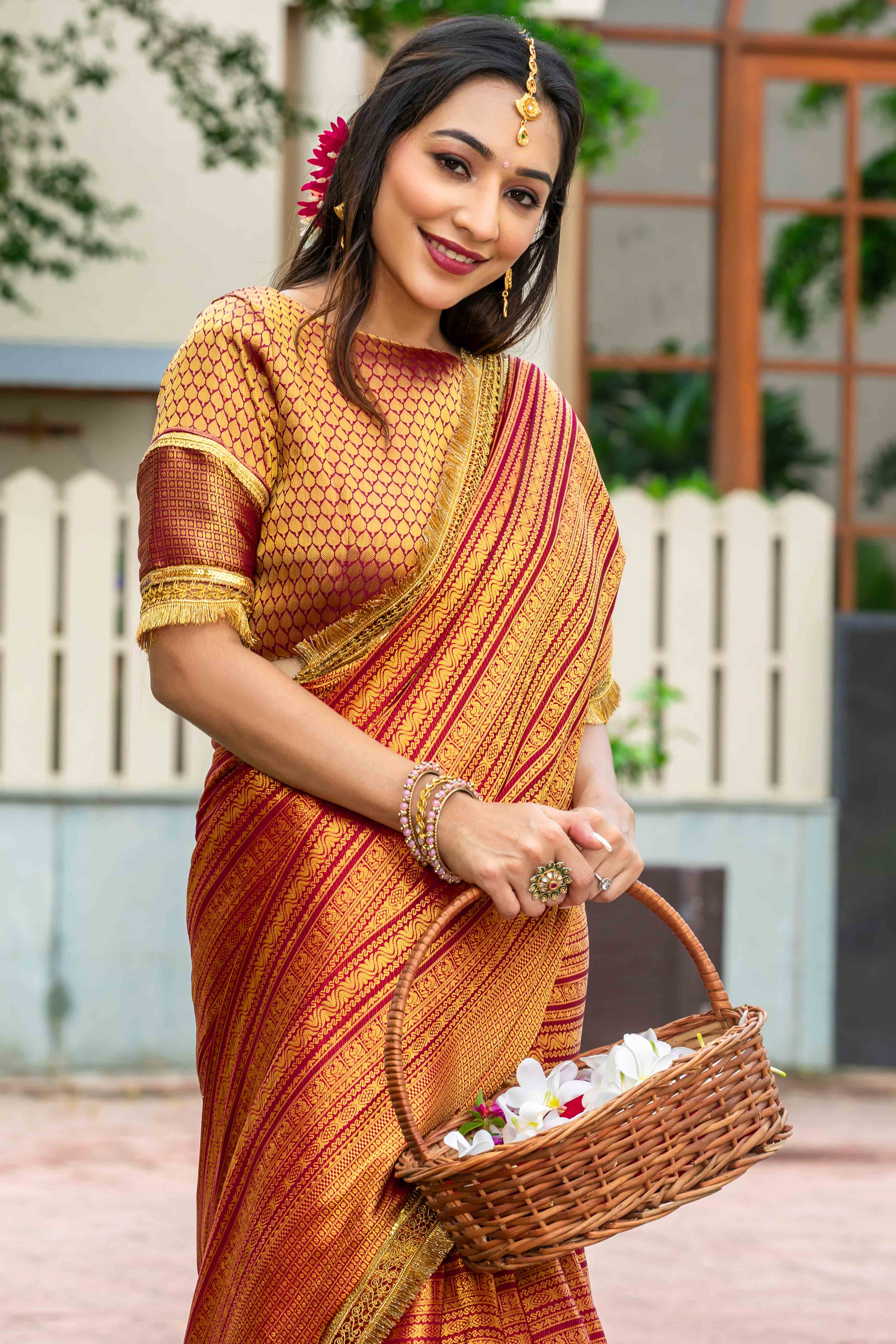 Red Zari Weaving Mysore Brocade Silk Saree With Zari Border