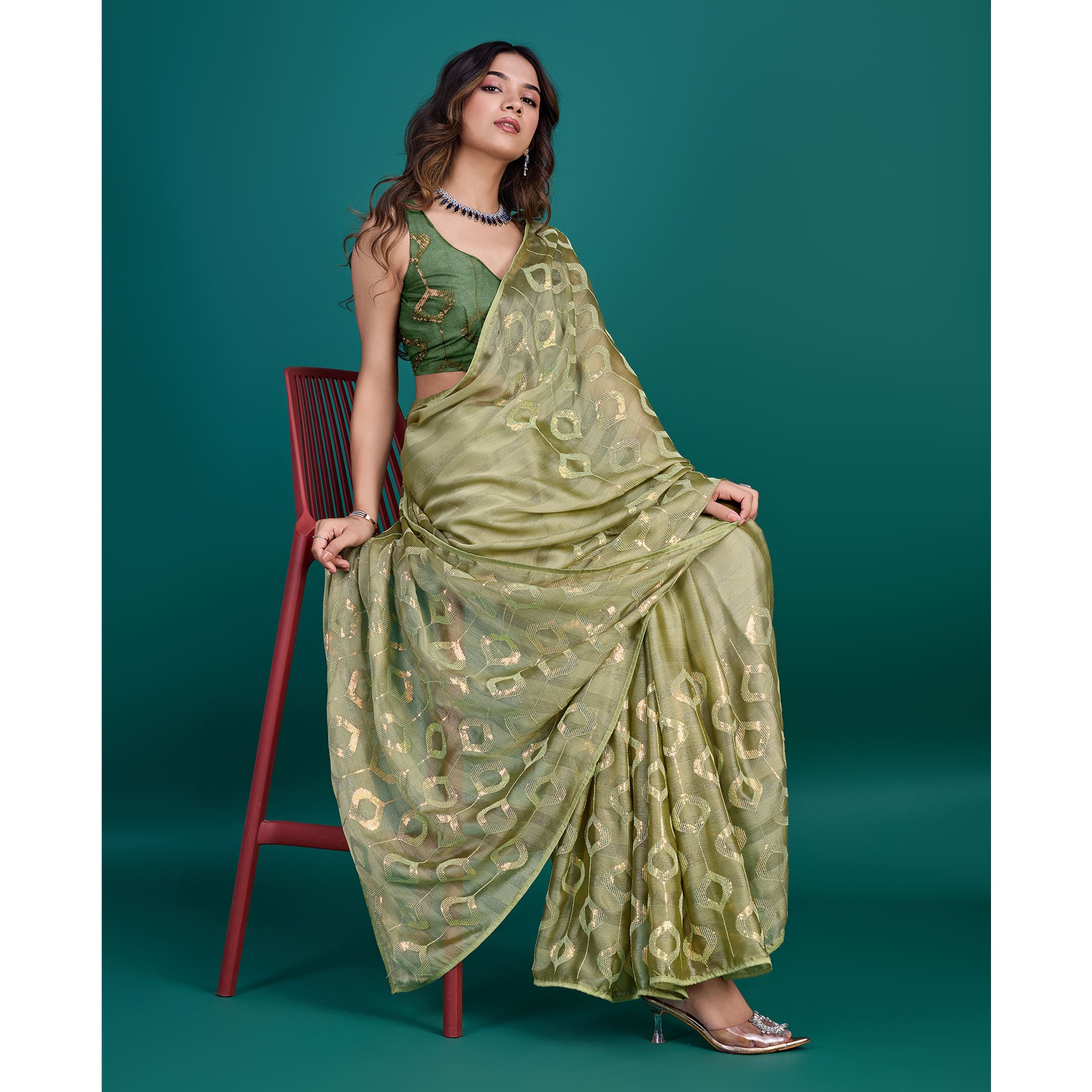 Green Sequins Embroidered Georgette Saree