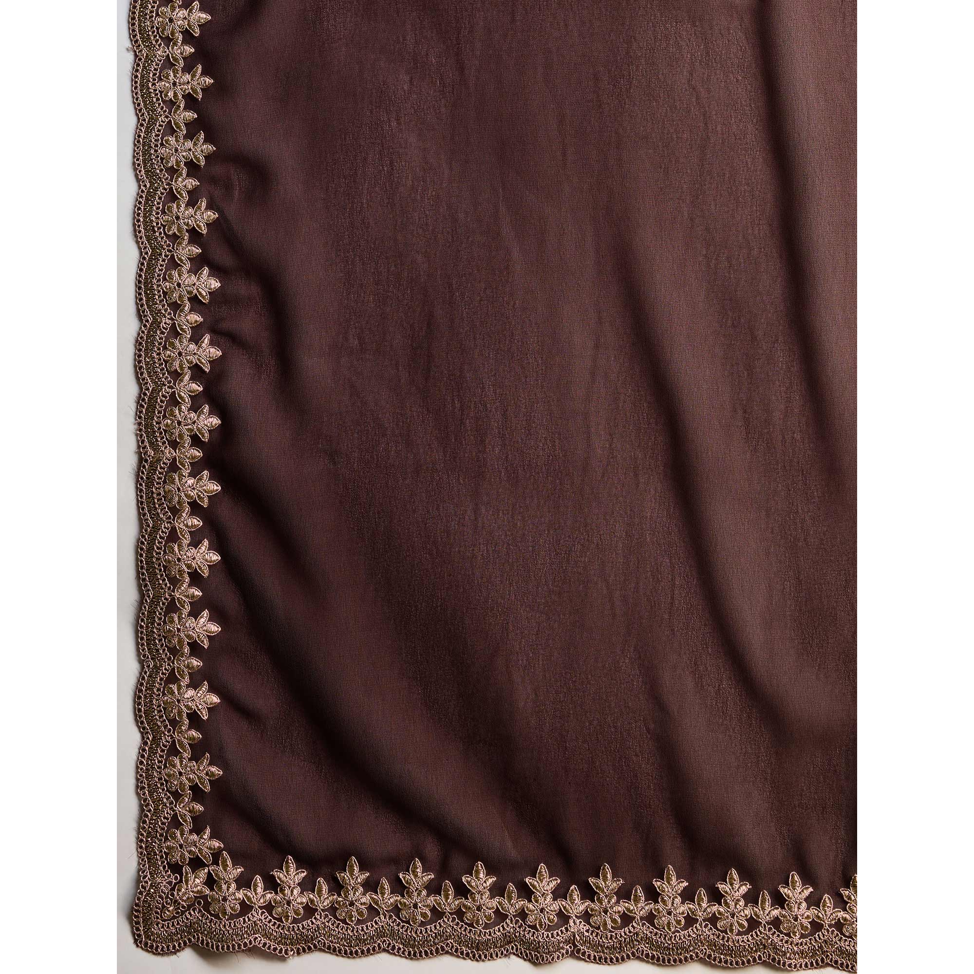 Brown Solid With Zari Embroidered Georgette Saree