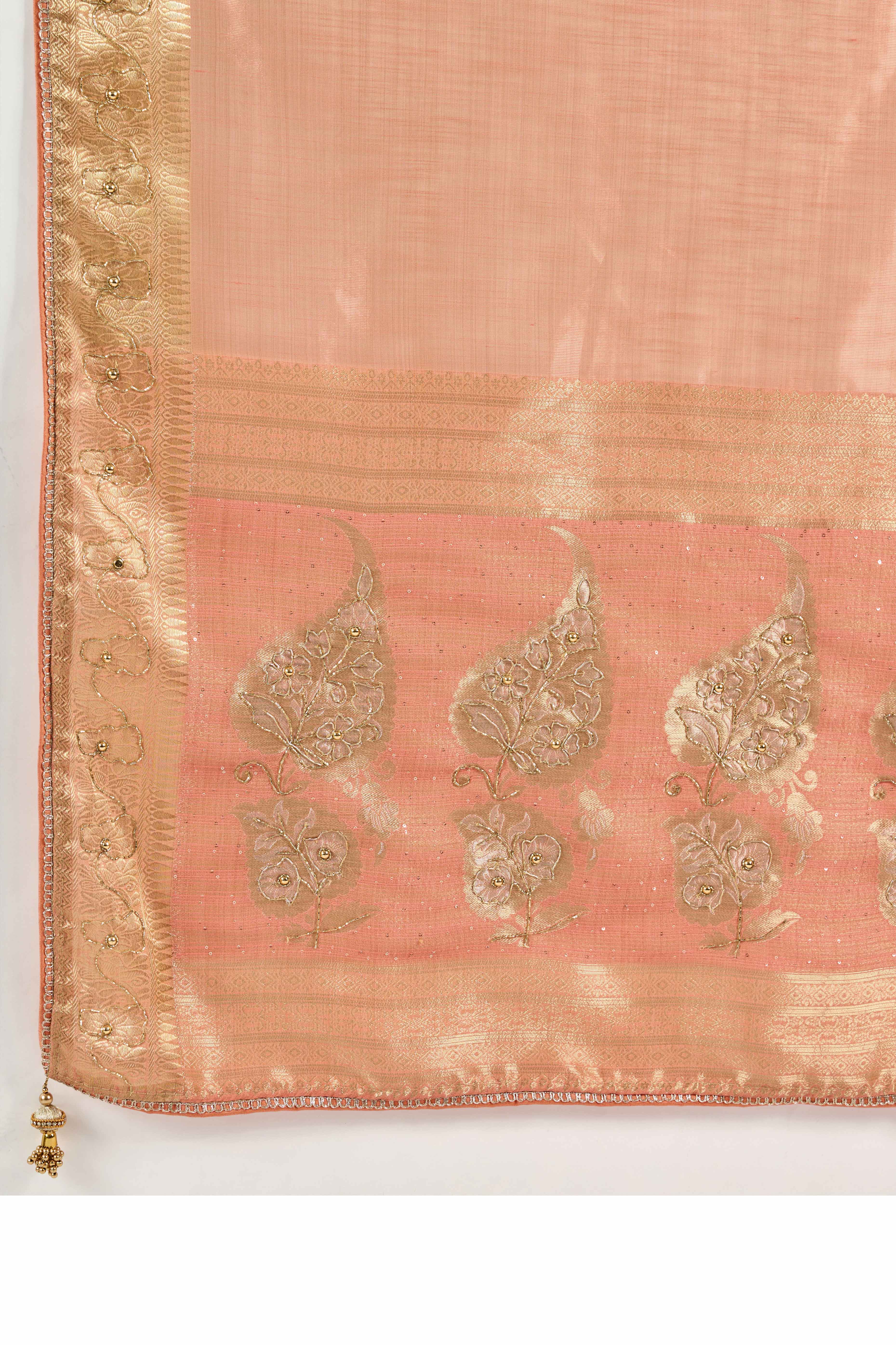 Peach Tissue Linen Saree Adorned With Intricate Zardosi & Pearl Cutdana Hand Embroidery