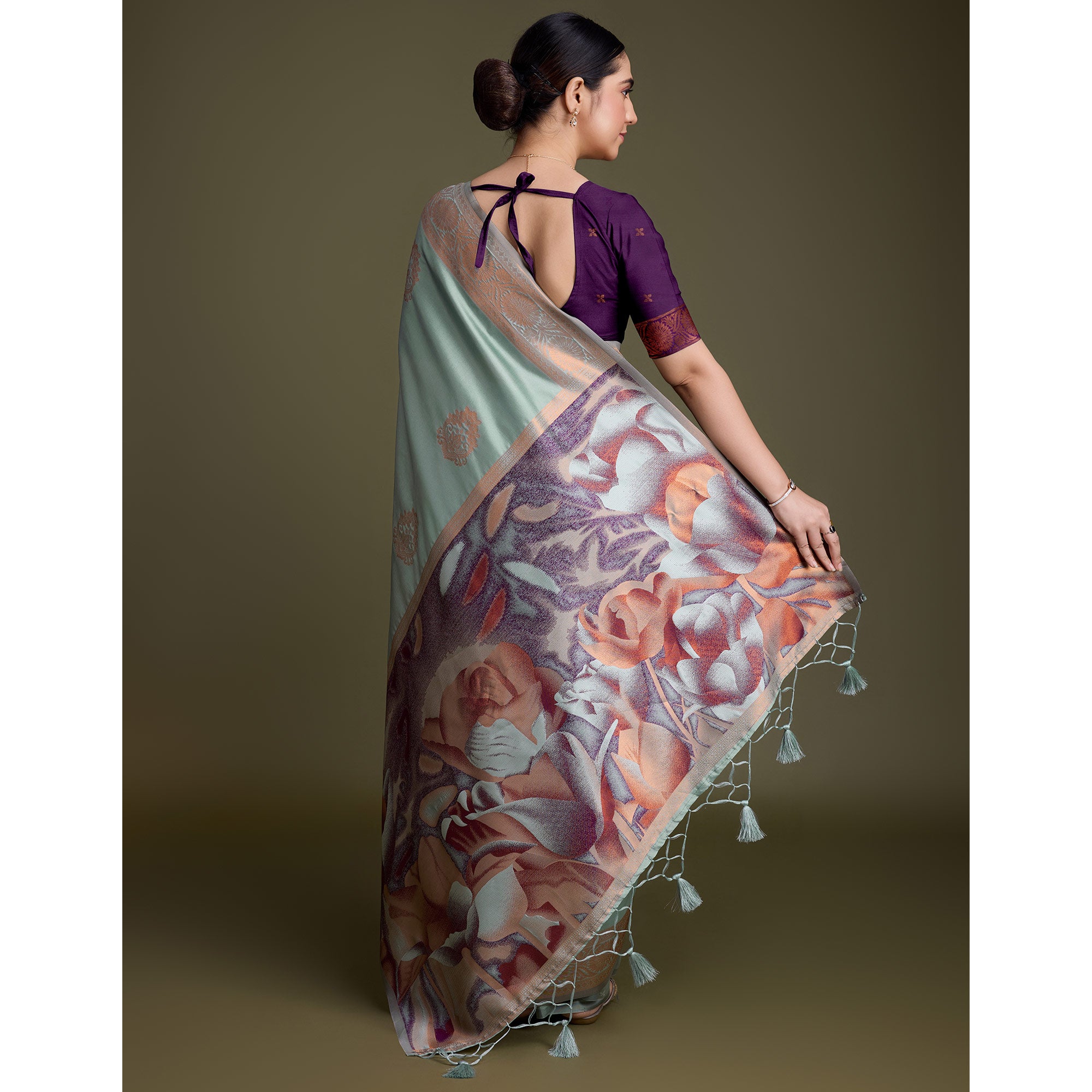 Sea Green Floral Woven Banarasi Silk Saree