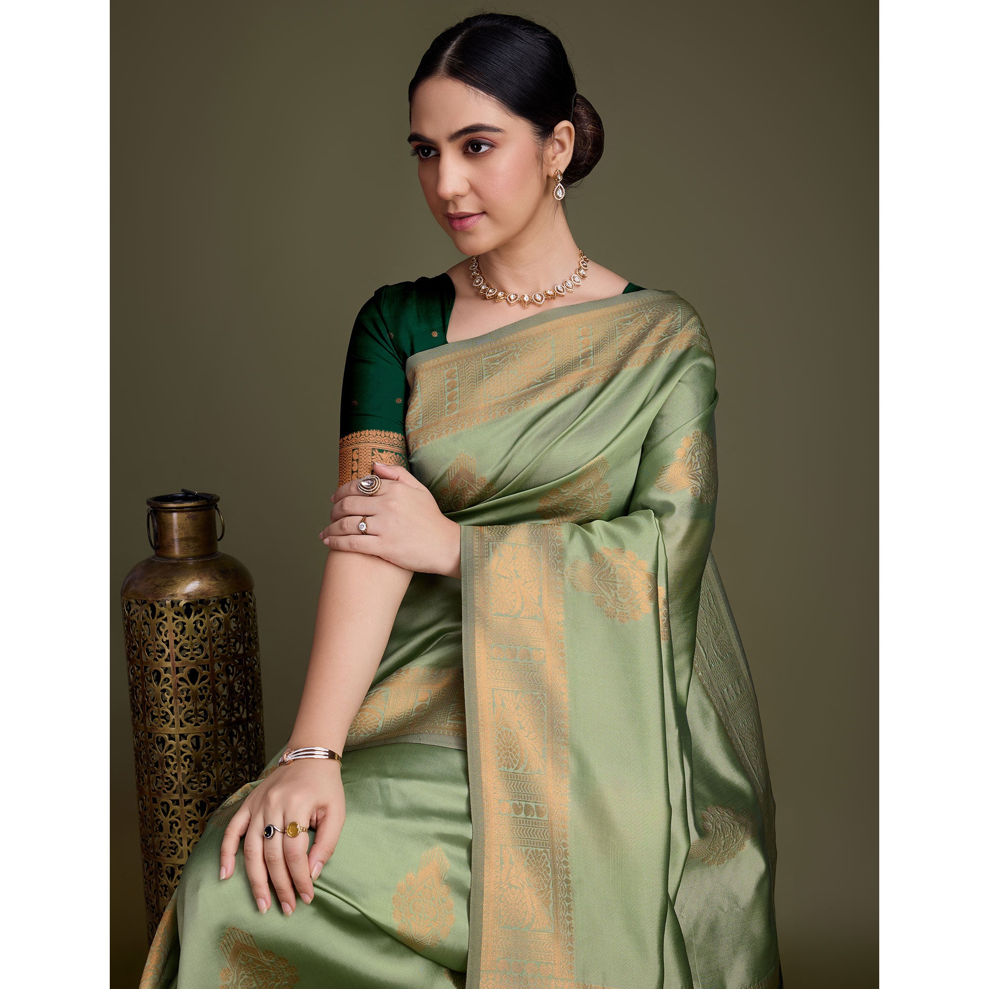 Green Floral Woven Banarasi Silk Saree