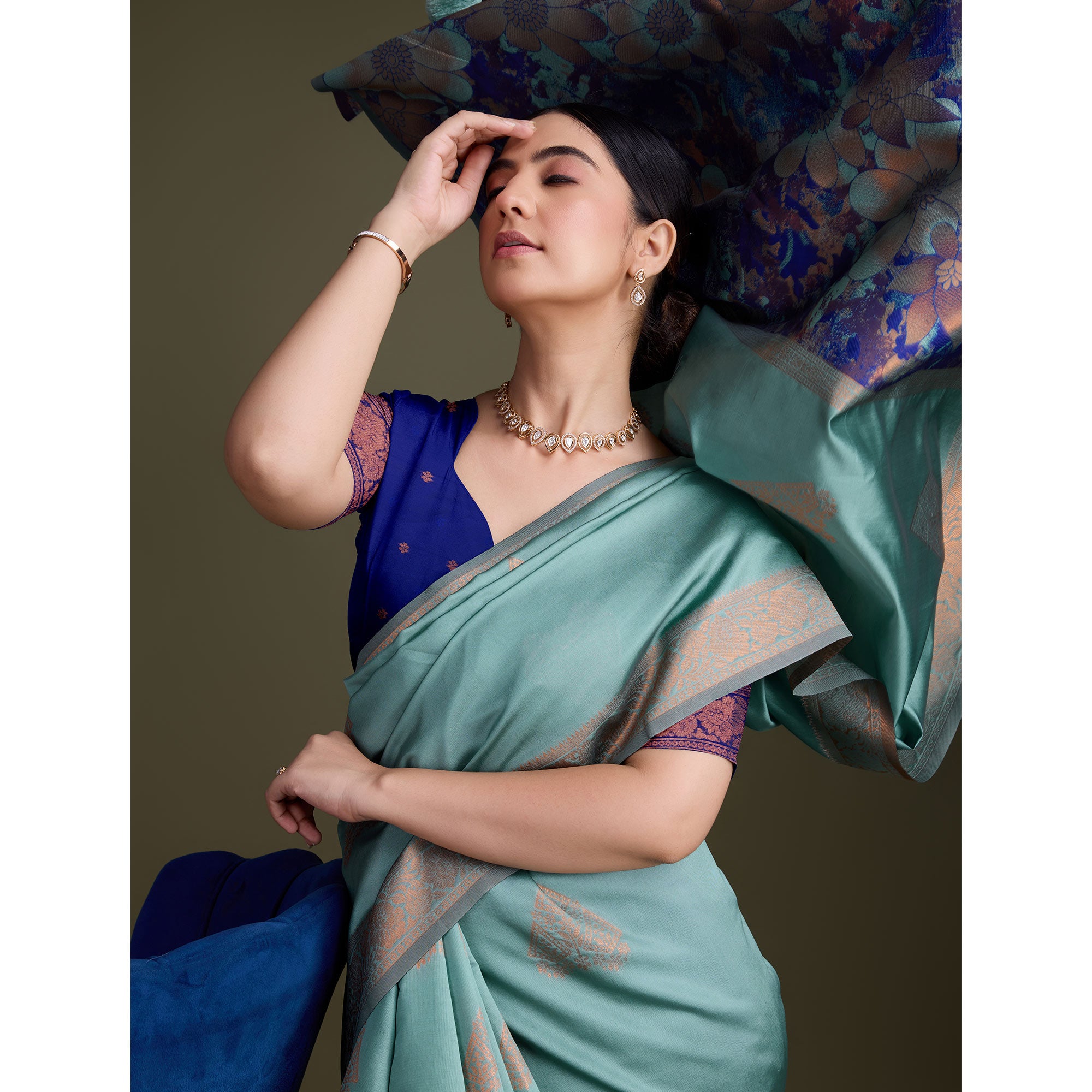 Turquoise Floral Woven Banarasi Silk Saree