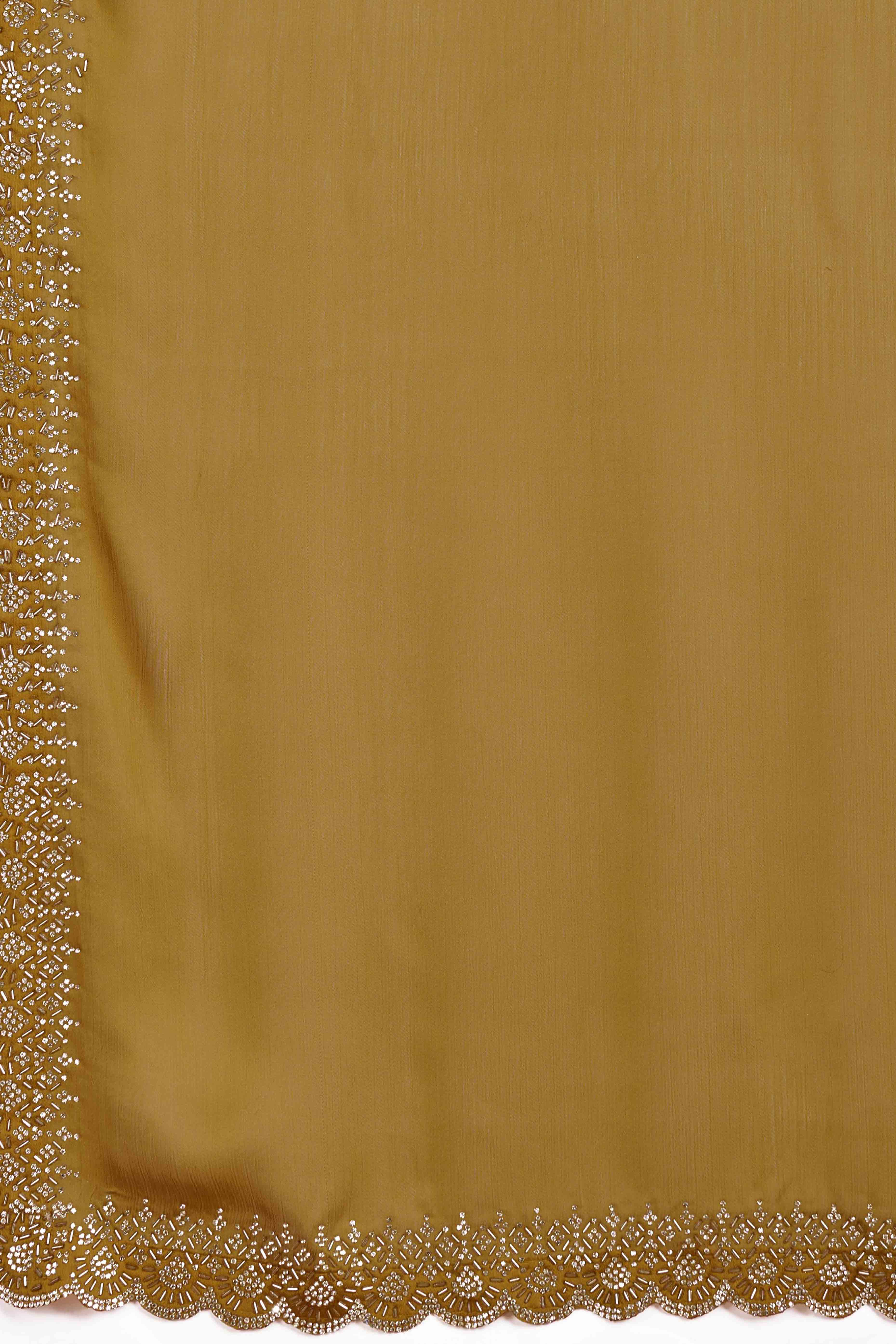 Mustard Solid Satin Chiffon Saree With Cutdana & Zarkan Handwork