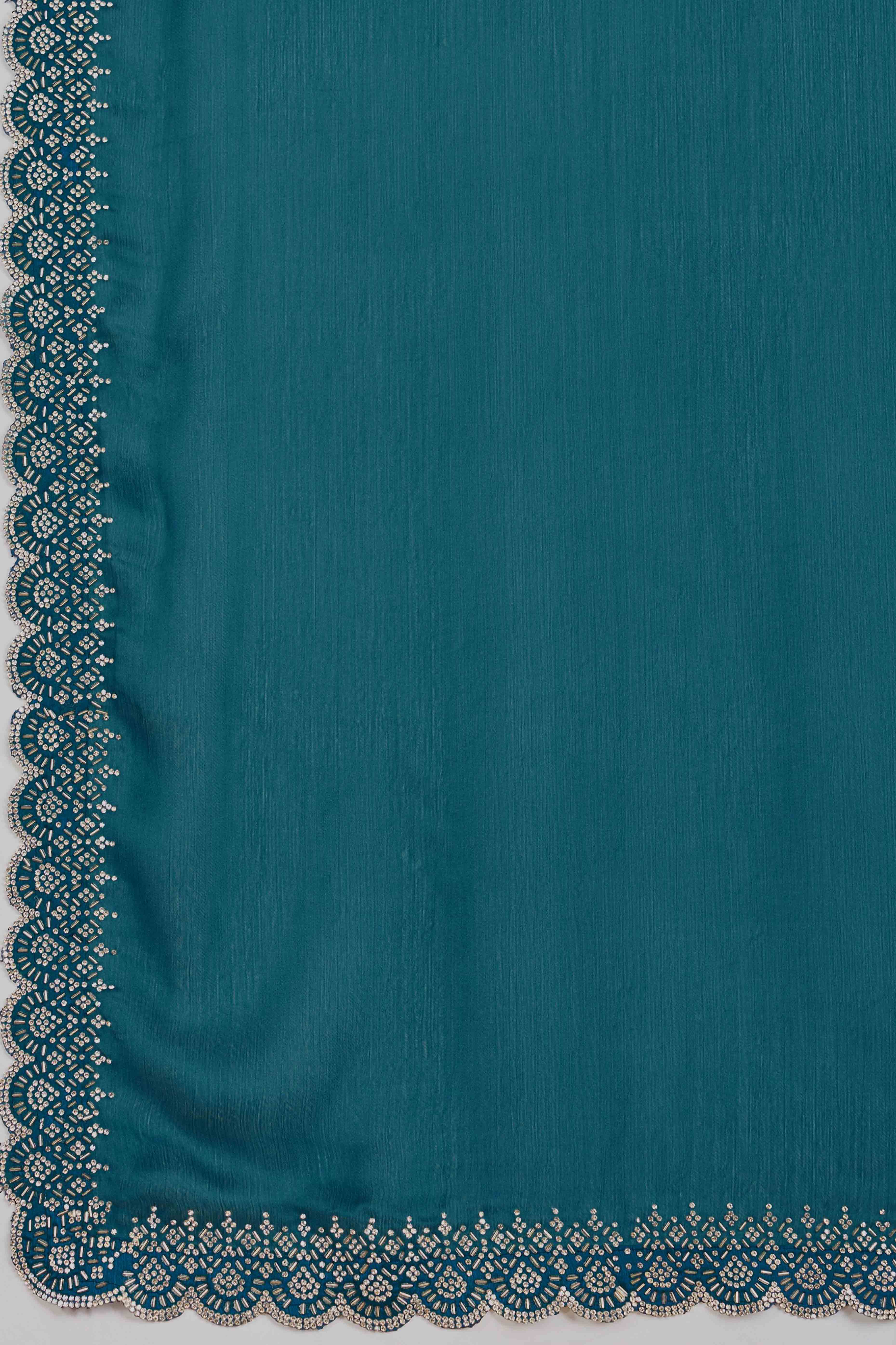 Rama Blue Solid Satin Chiffon Saree With Cutdana & Zarkan Handwork