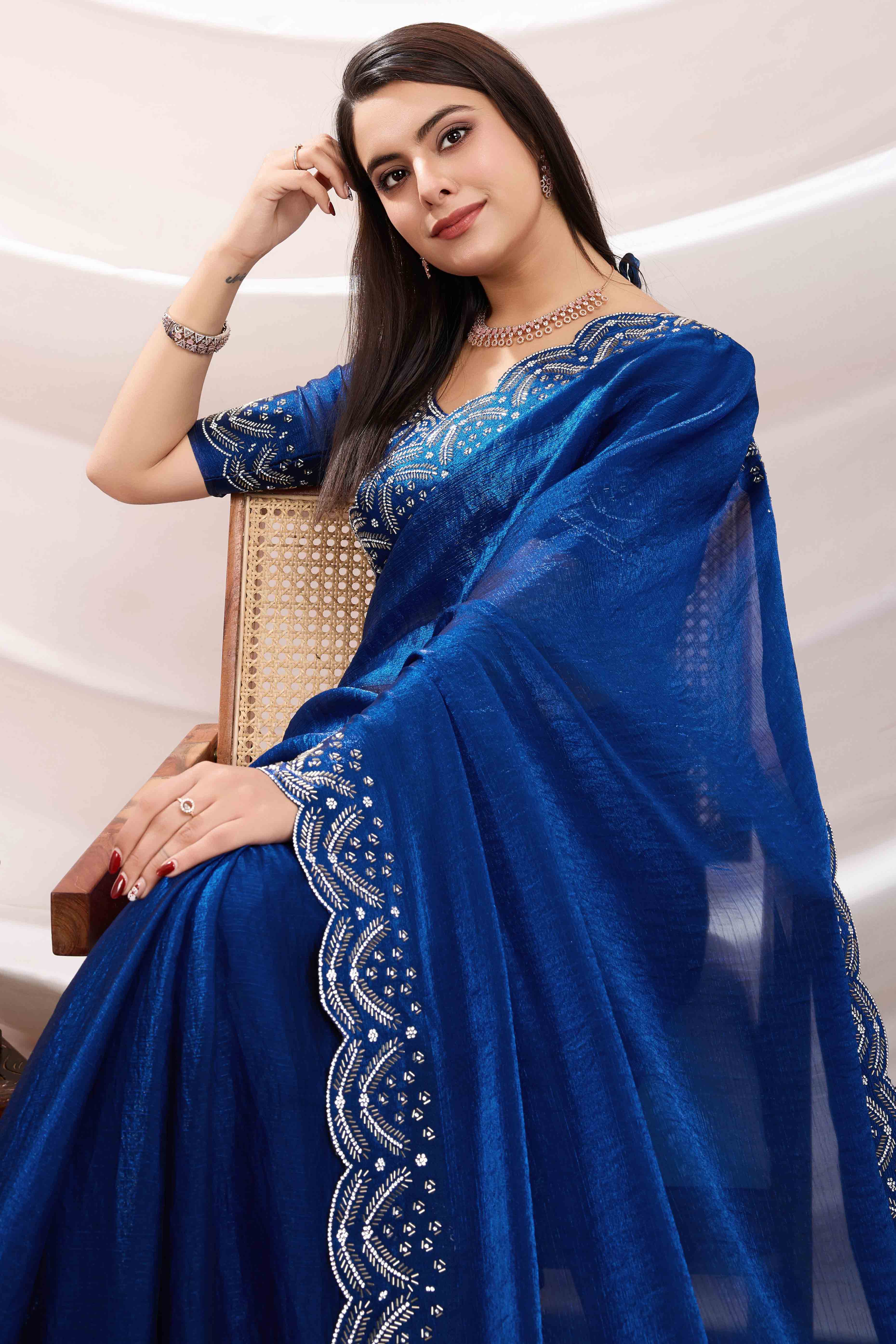 Blue Stone Work Embroidered Velvet Chiffon Saree