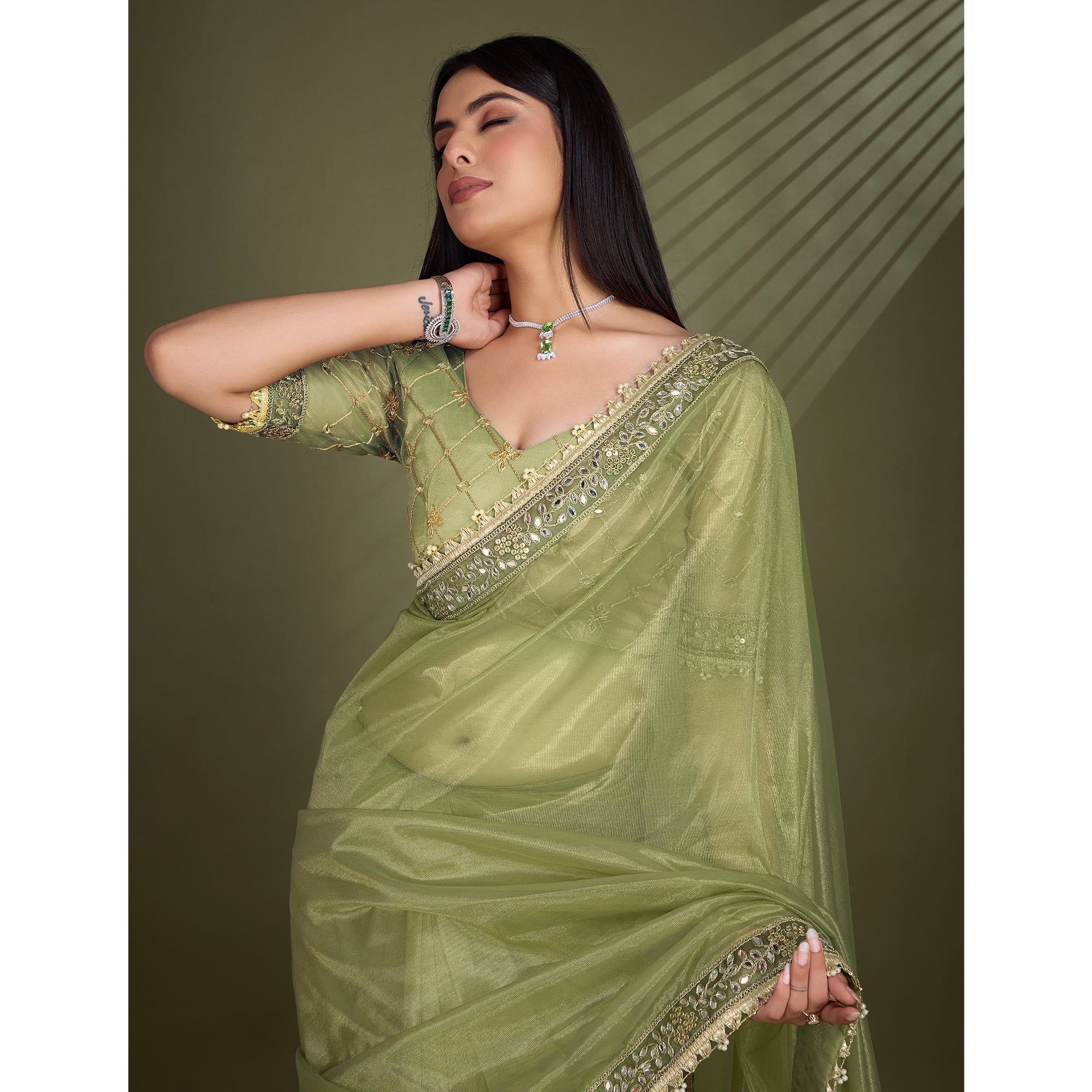 Green Sequins Embroidery With Mirror Handwork Twill Net Saree