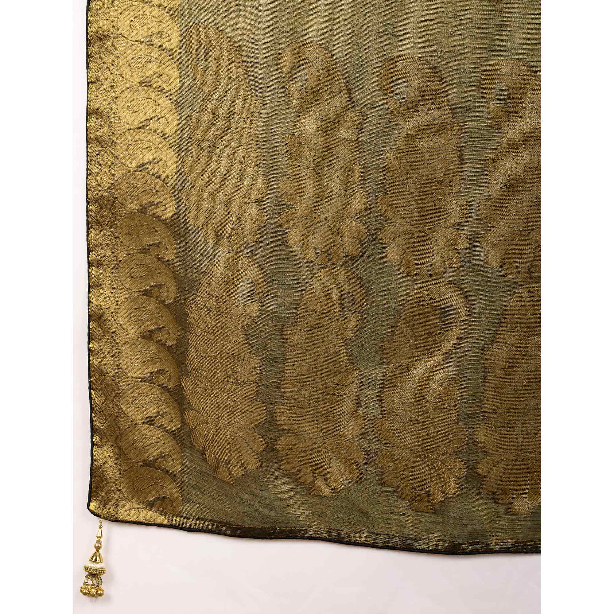 Green Festive Linen Tissue Saree with Zari Borders