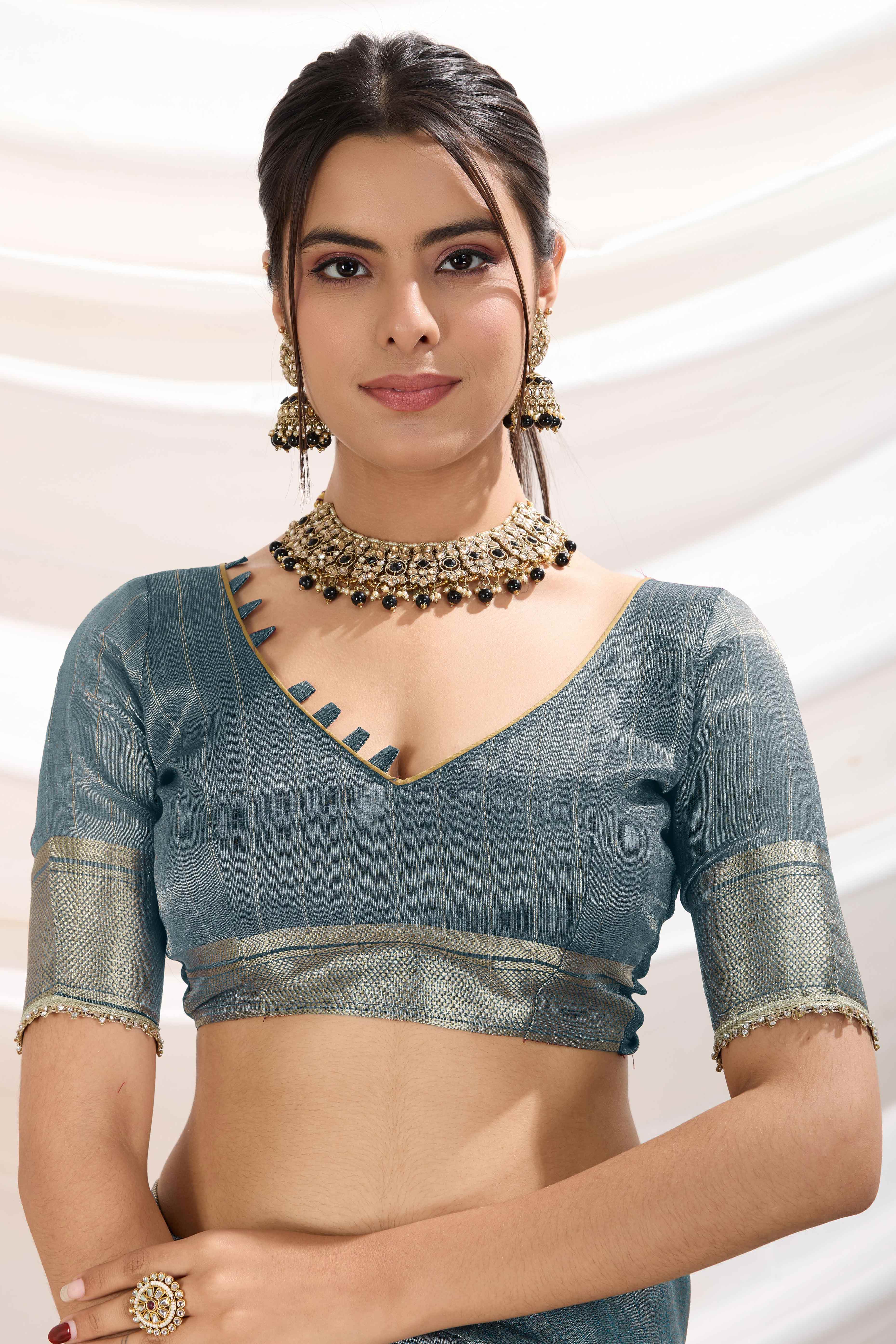 Blue Solid Linen Tissue Saree With Weaving & Zarkan Lace Border